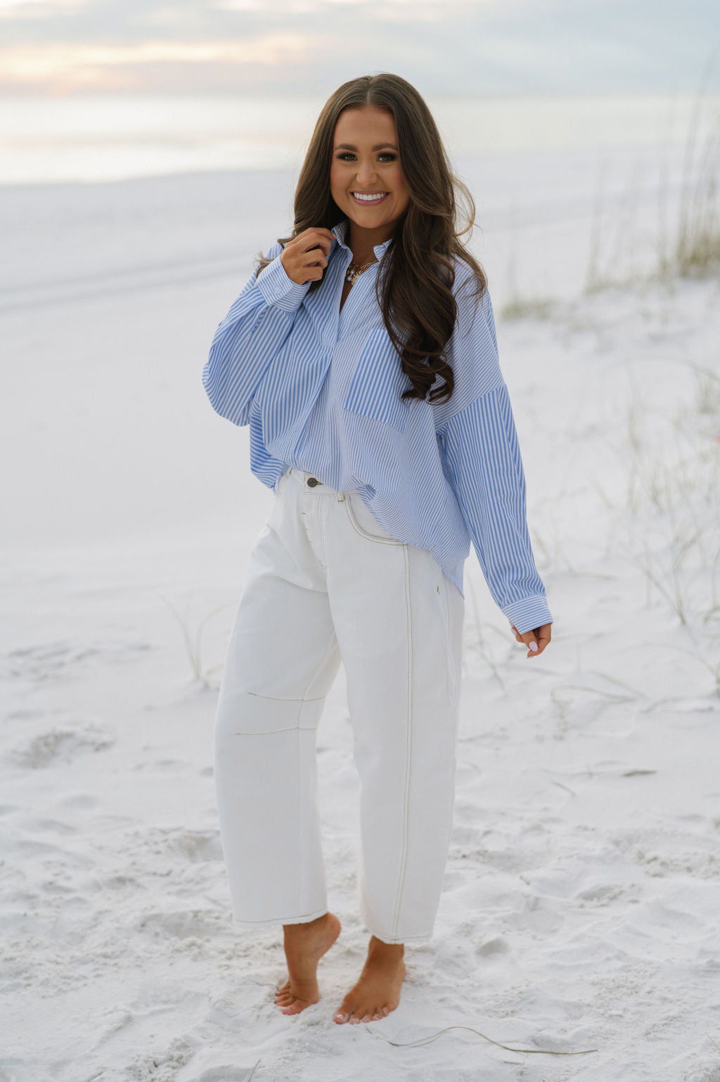 V-Neck Striped Blouse-Blue