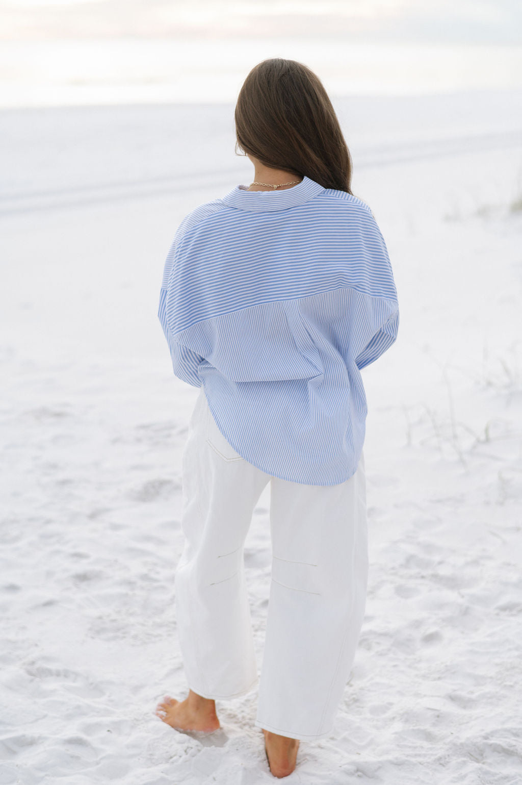 V-Neck Striped Blouse-Blue