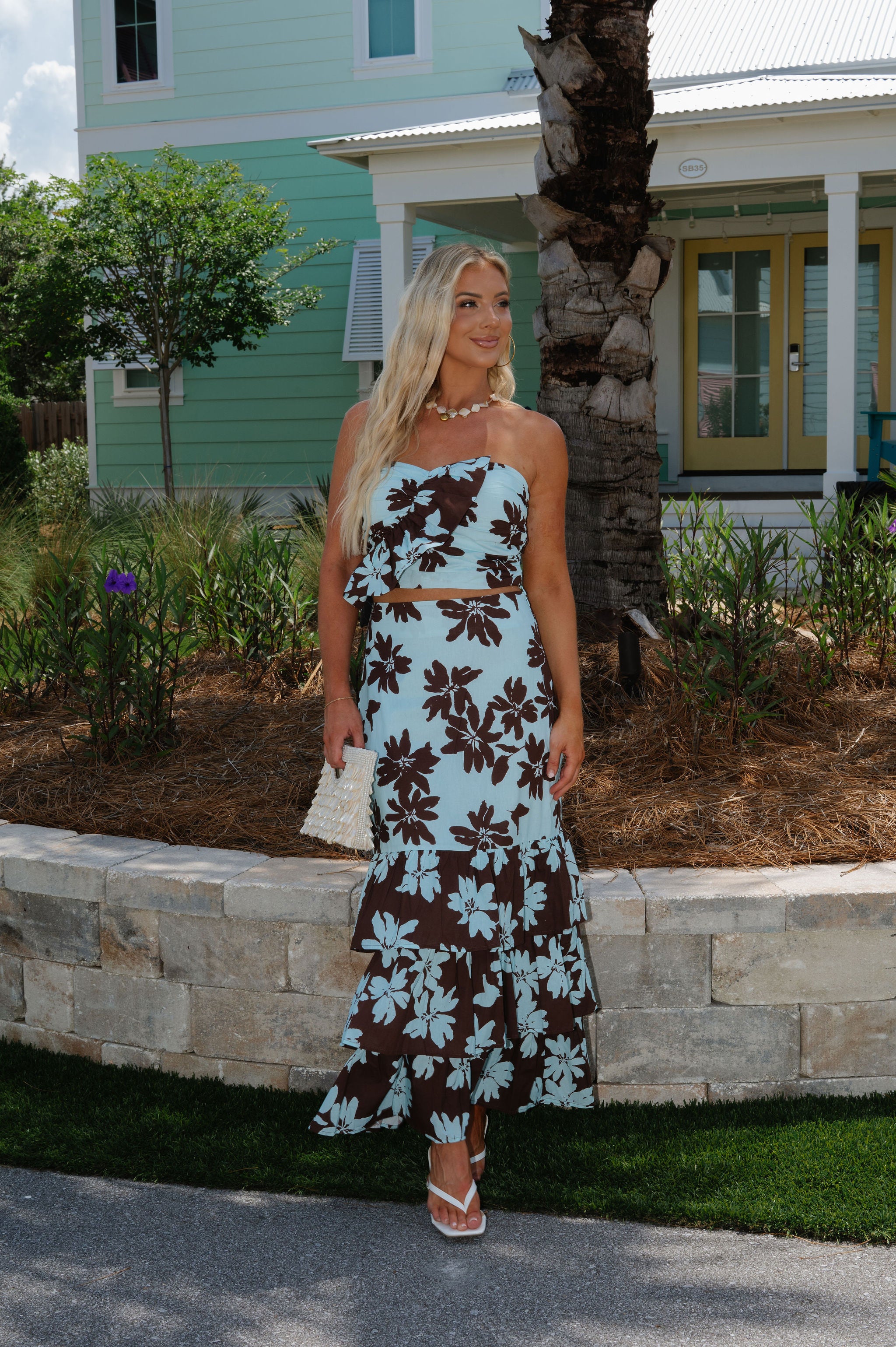 Lillian Floral Ruffle Maxi Skirt Set-Blue