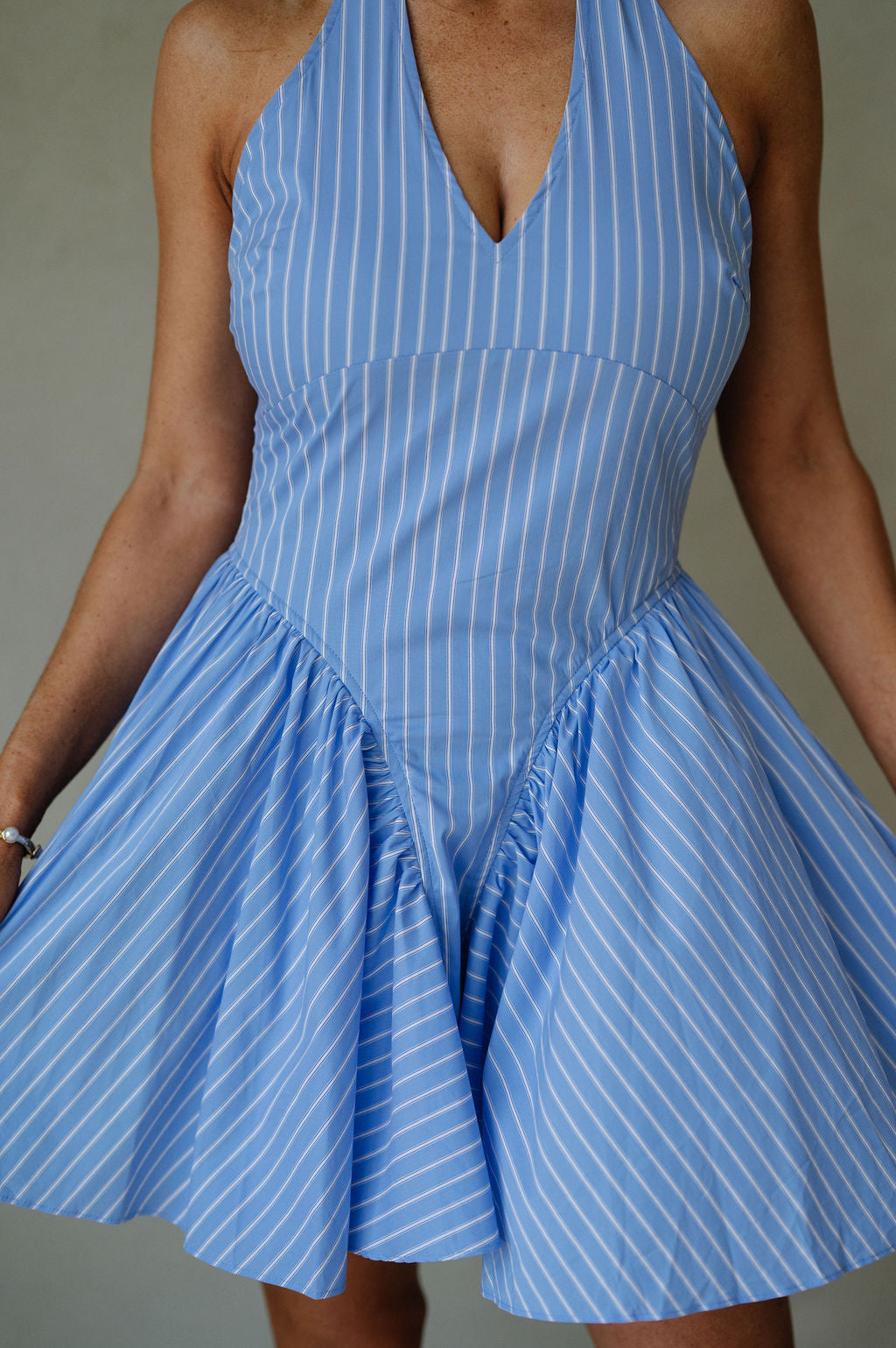 Striped Pleated Hem Mini Dress-Blue