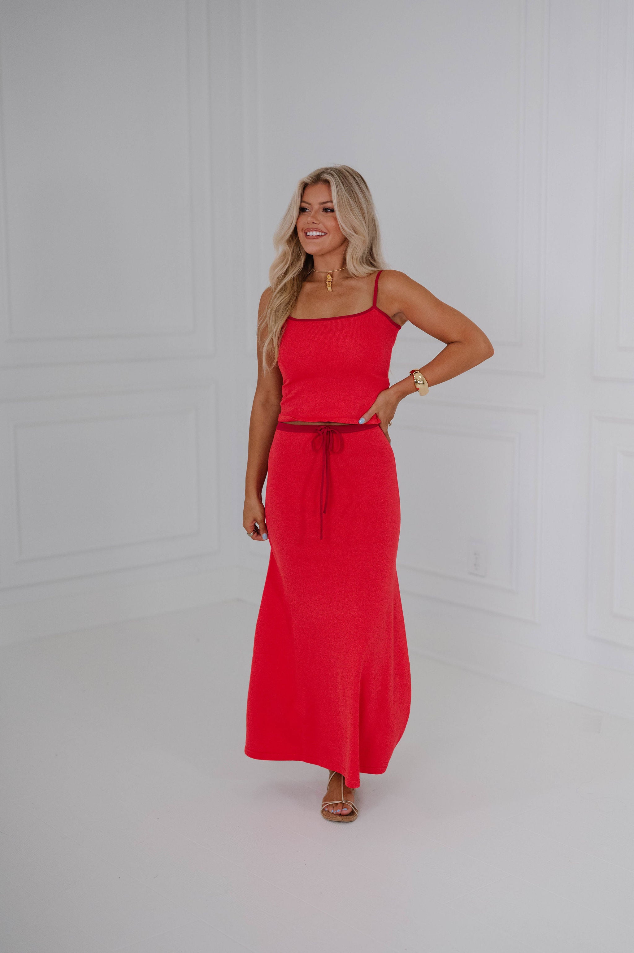 Vivid Midi Skirt Set-Red