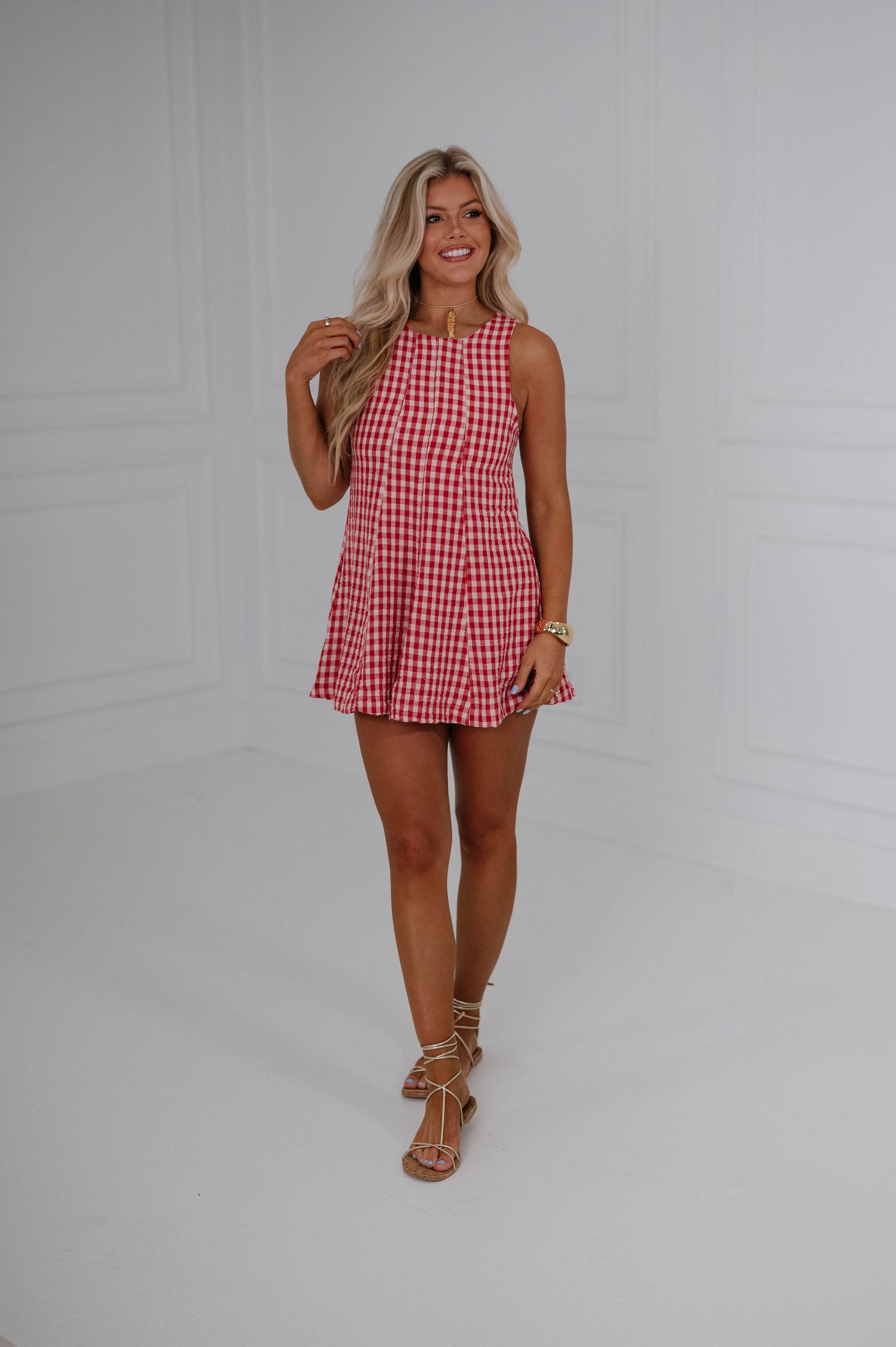 Flared Hem Mini Romper-Red
