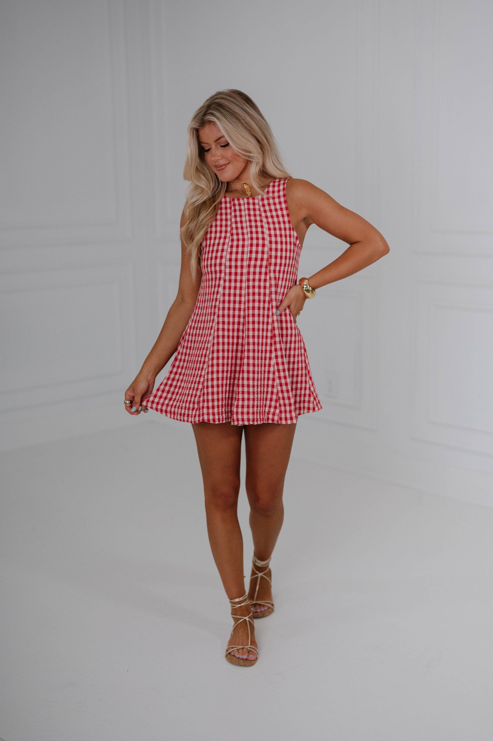 Flared Hem Mini Romper-Red
