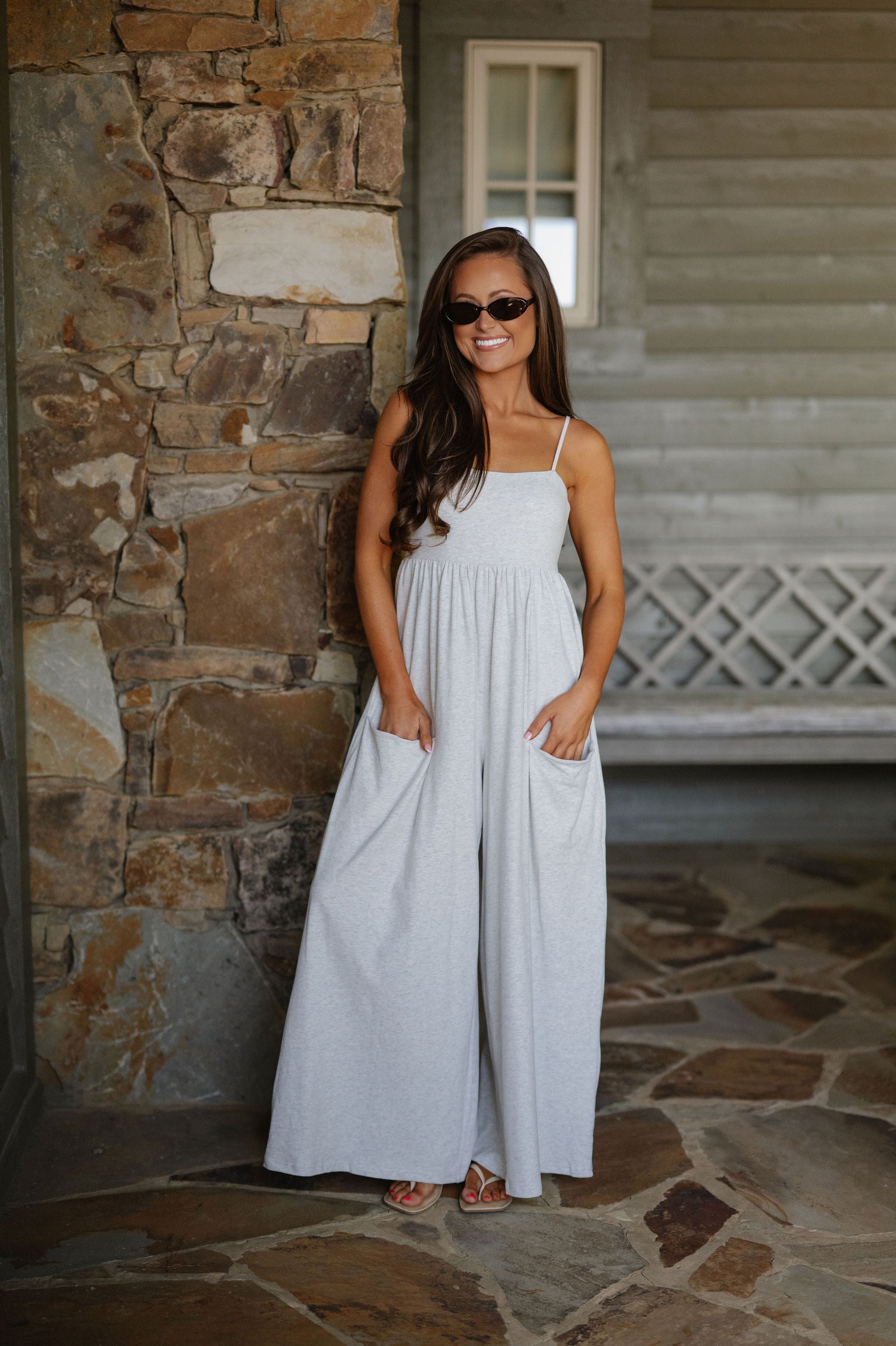 Strappy Empire Wide Leg Jumpsuit-Light Grey