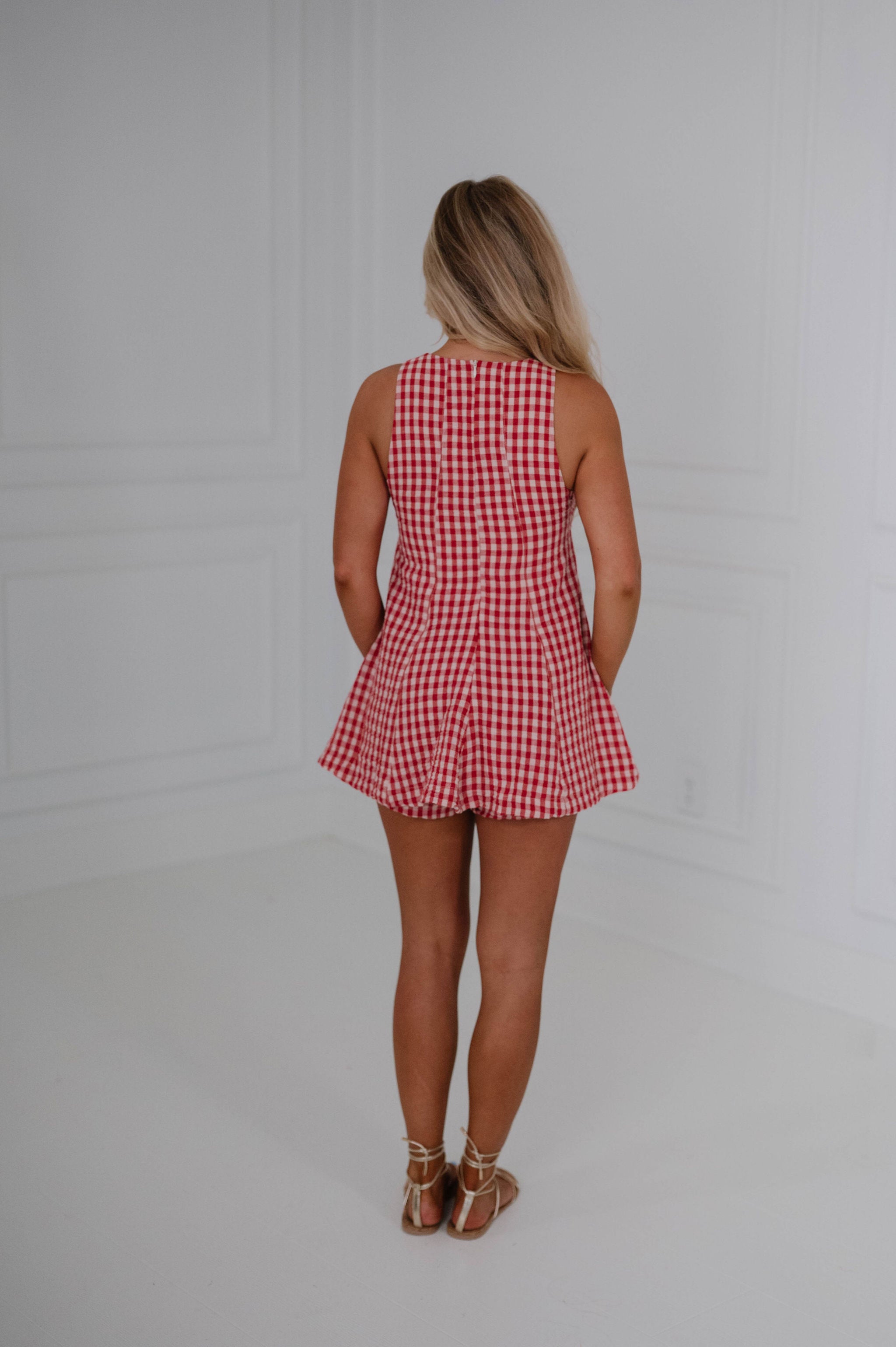 Flared Hem Mini Romper-Red
