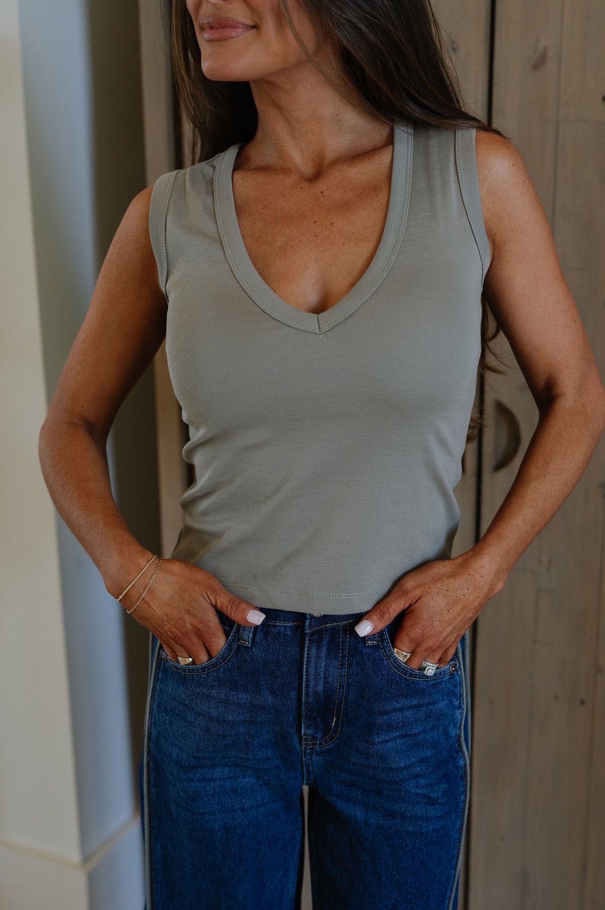 Kenny V-Neck Tank-Olive Grey