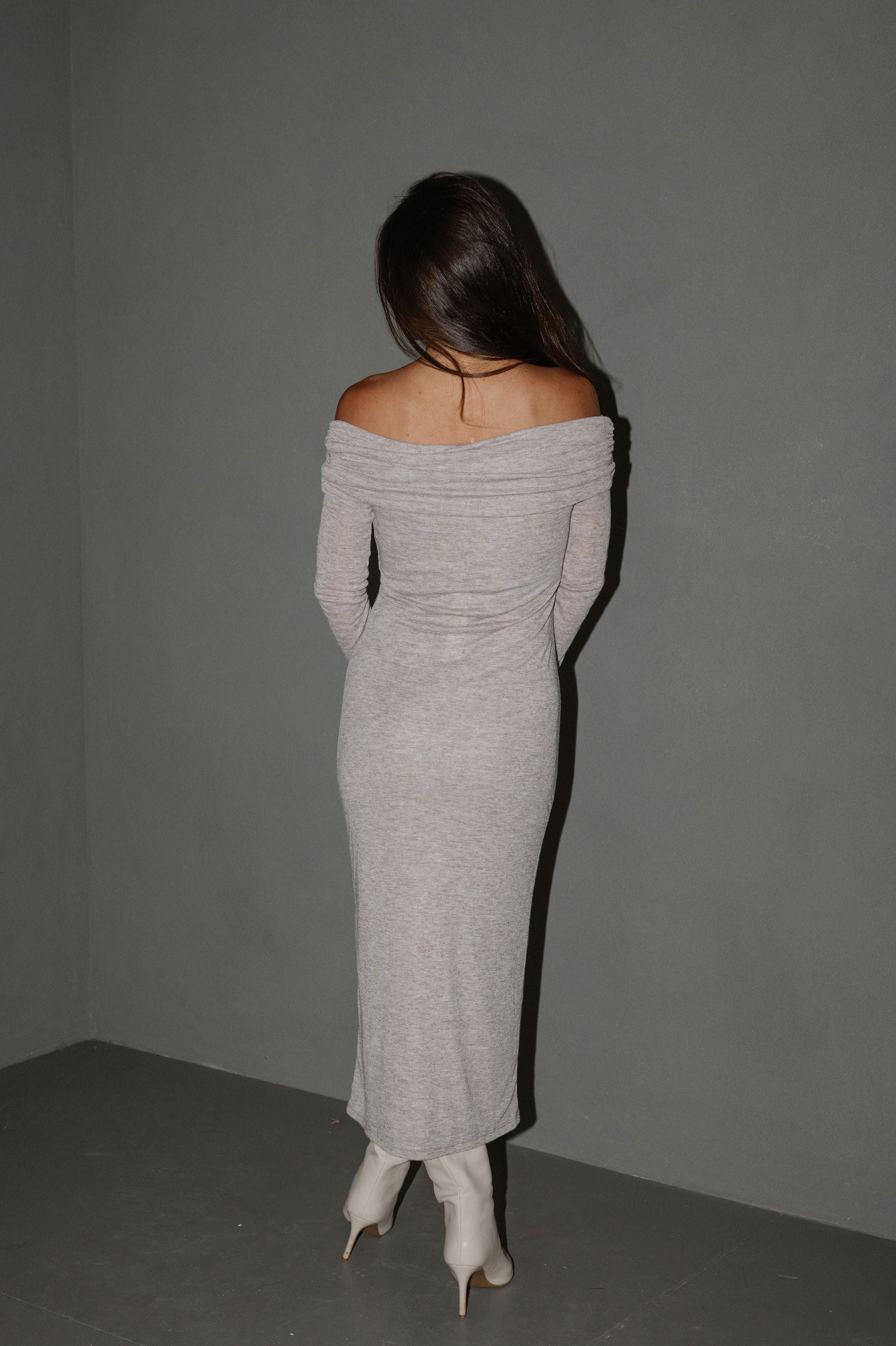 Nina OTS Ruched Dress-Light Heathered Mocha