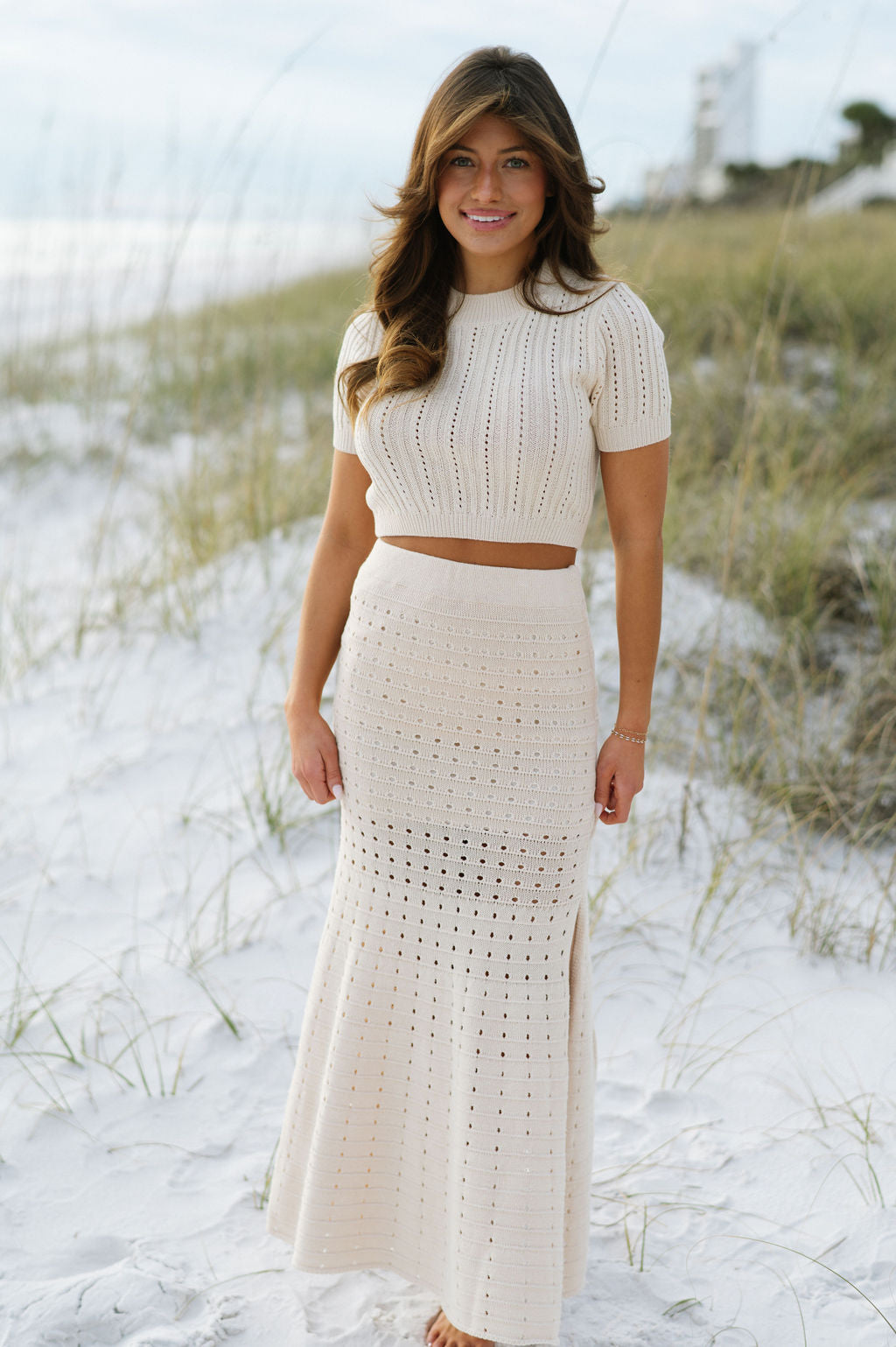 Sweater Knit Maxi Skirt Set-Cream