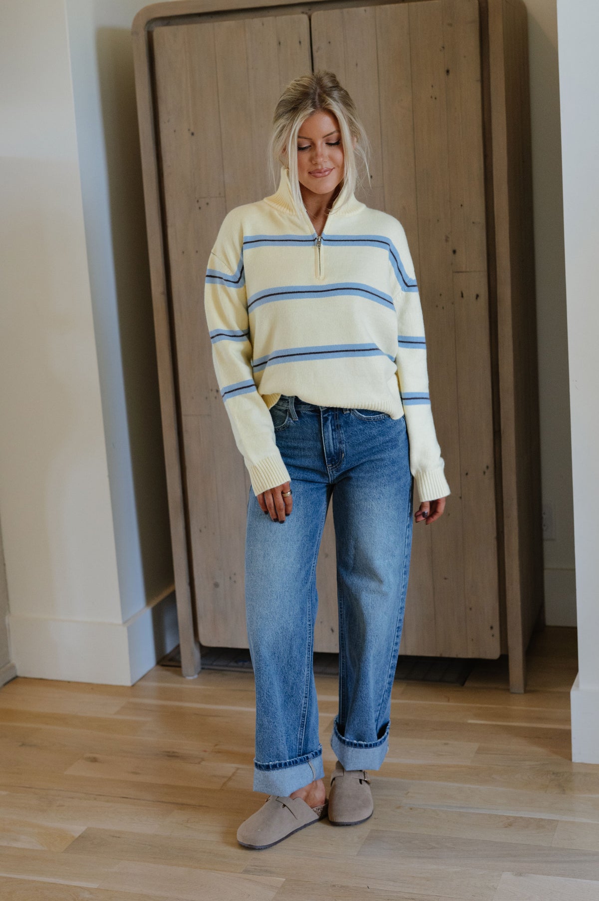 Quarter Zip Striped Sweater-Lemon/Sky