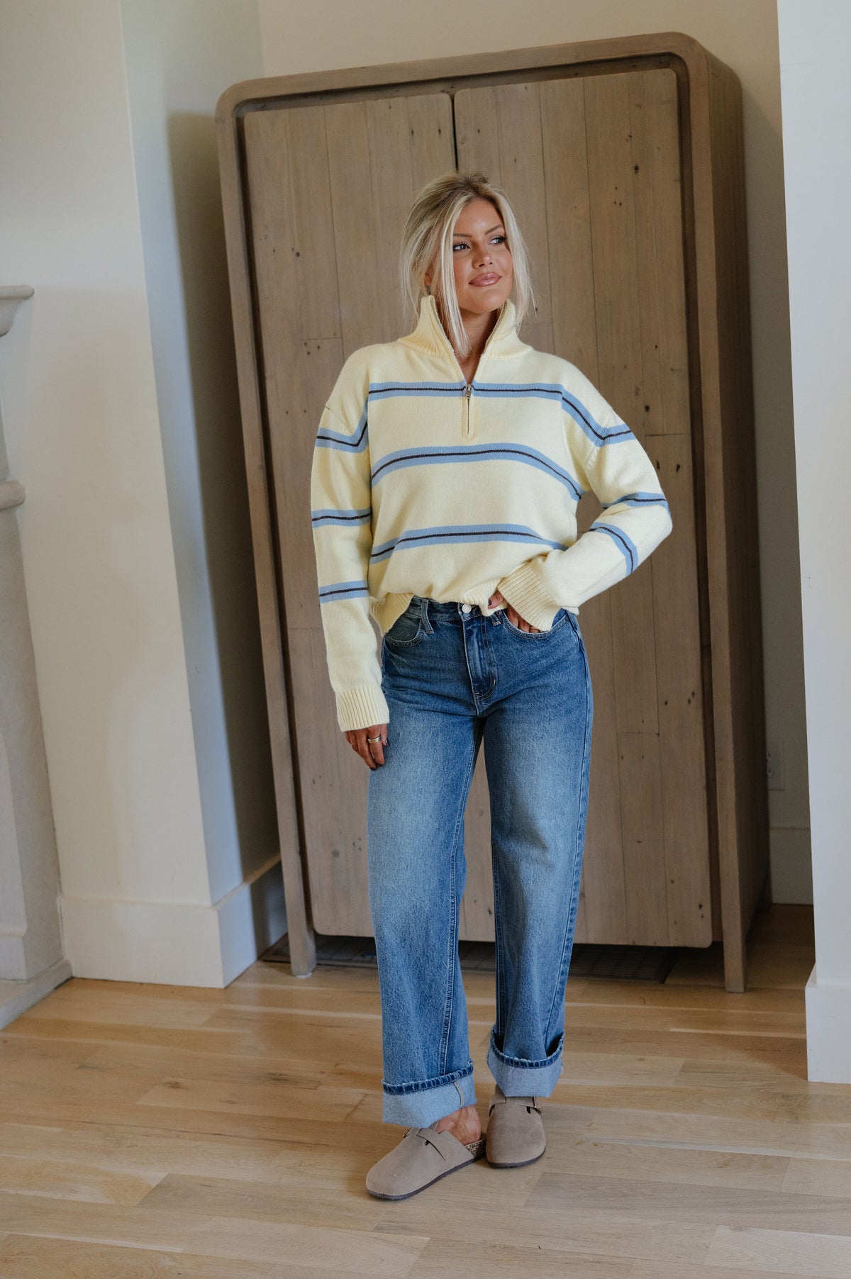 Quarter Zip Striped Sweater-Lemon/Sky