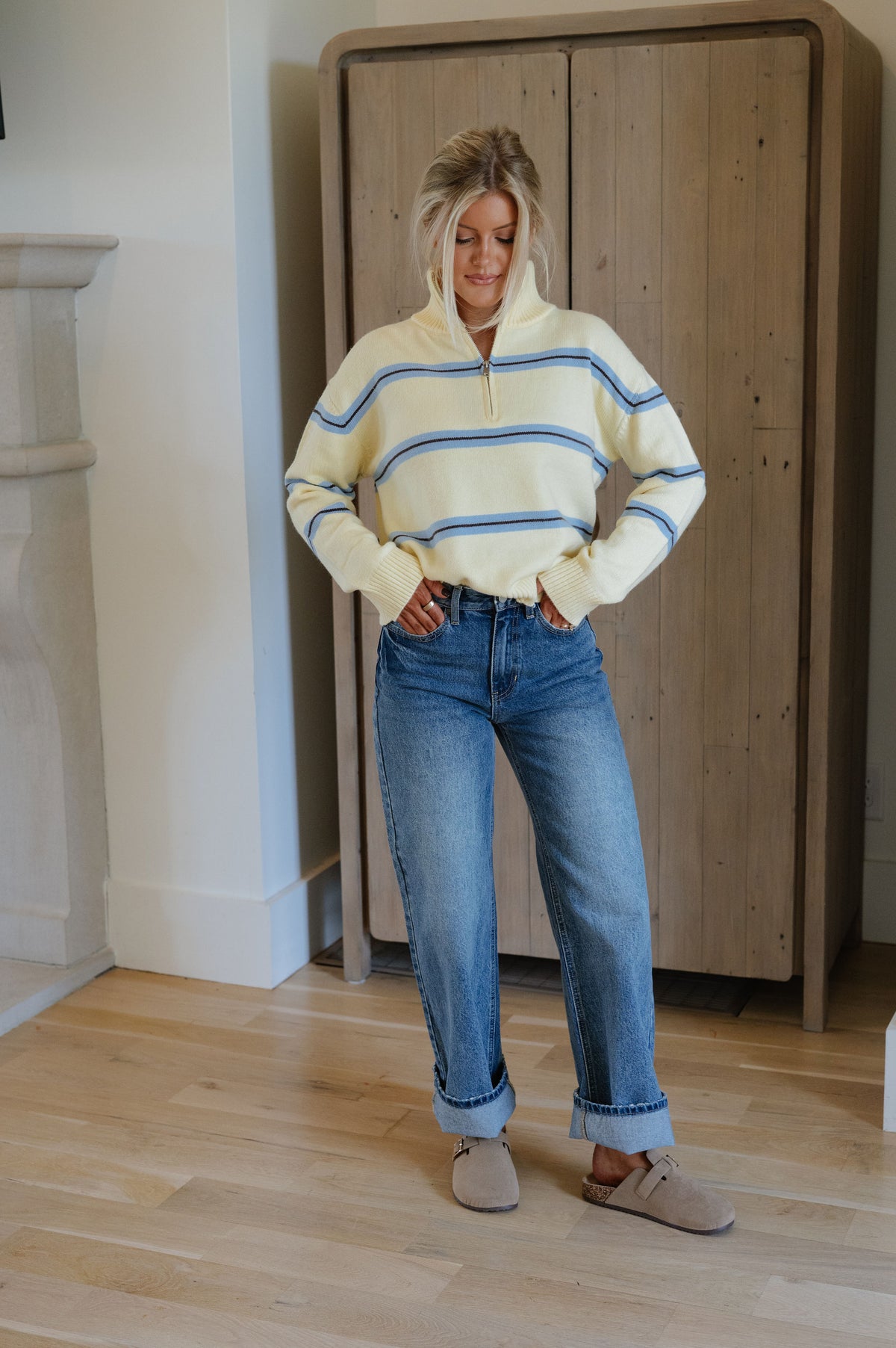 Quarter Zip Striped Sweater-Lemon/Sky