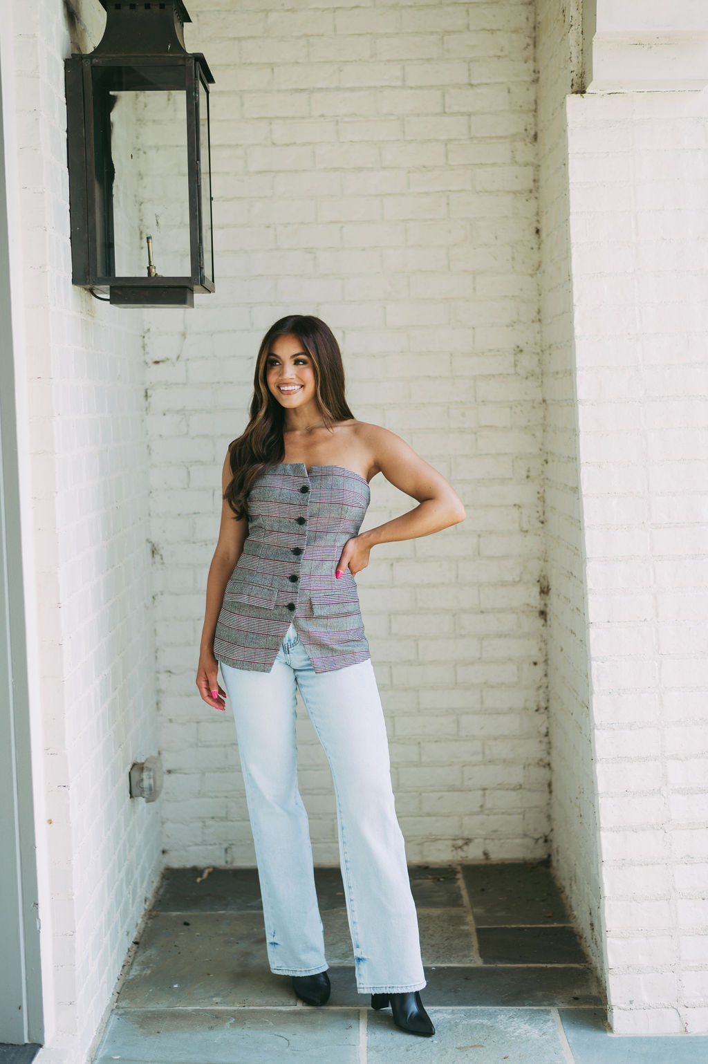 Strapless Plaid Button Up Top