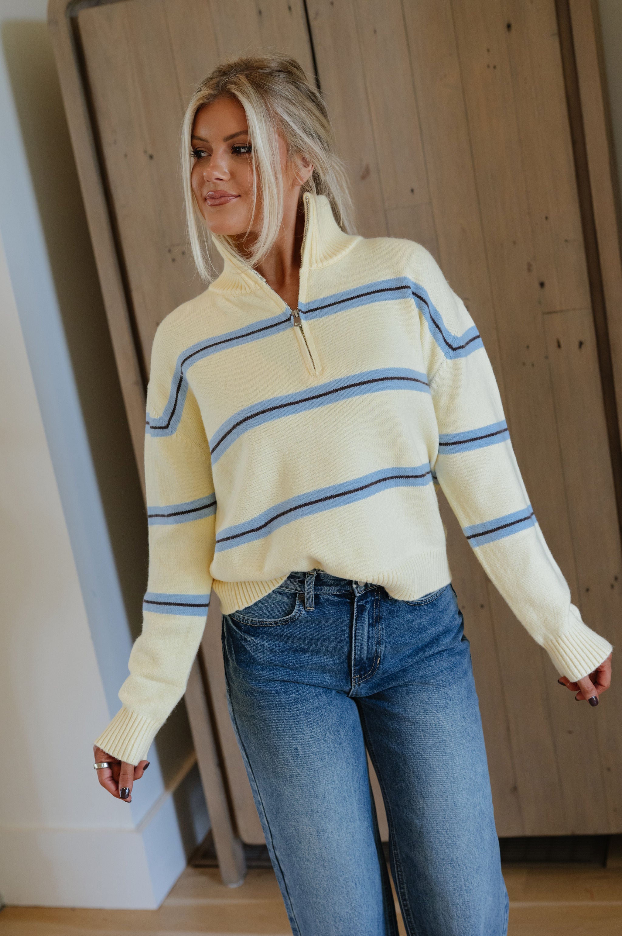 Quarter Zip Striped Sweater-Lemon/Sky