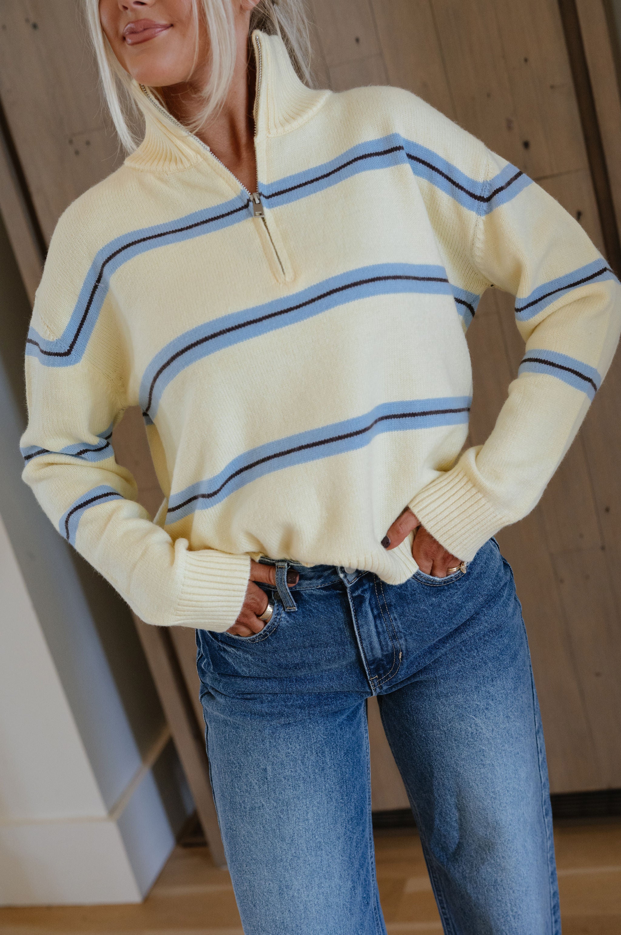 Quarter Zip Striped Sweater-Lemon/Sky