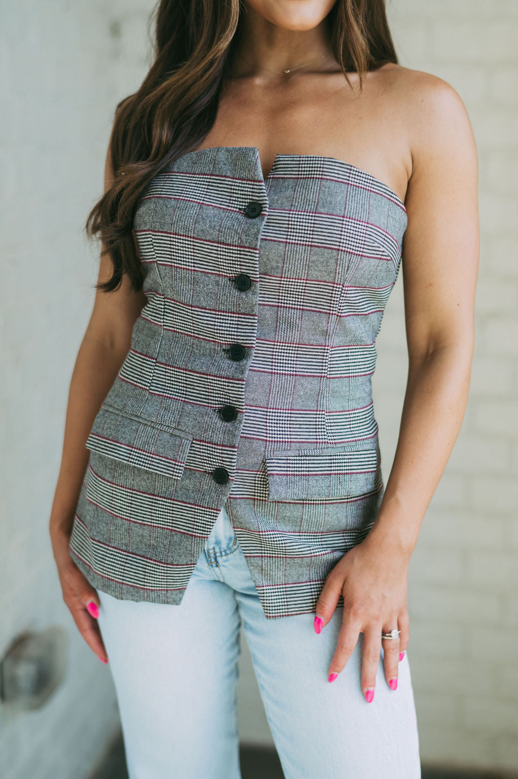 Strapless Plaid Button Up Top