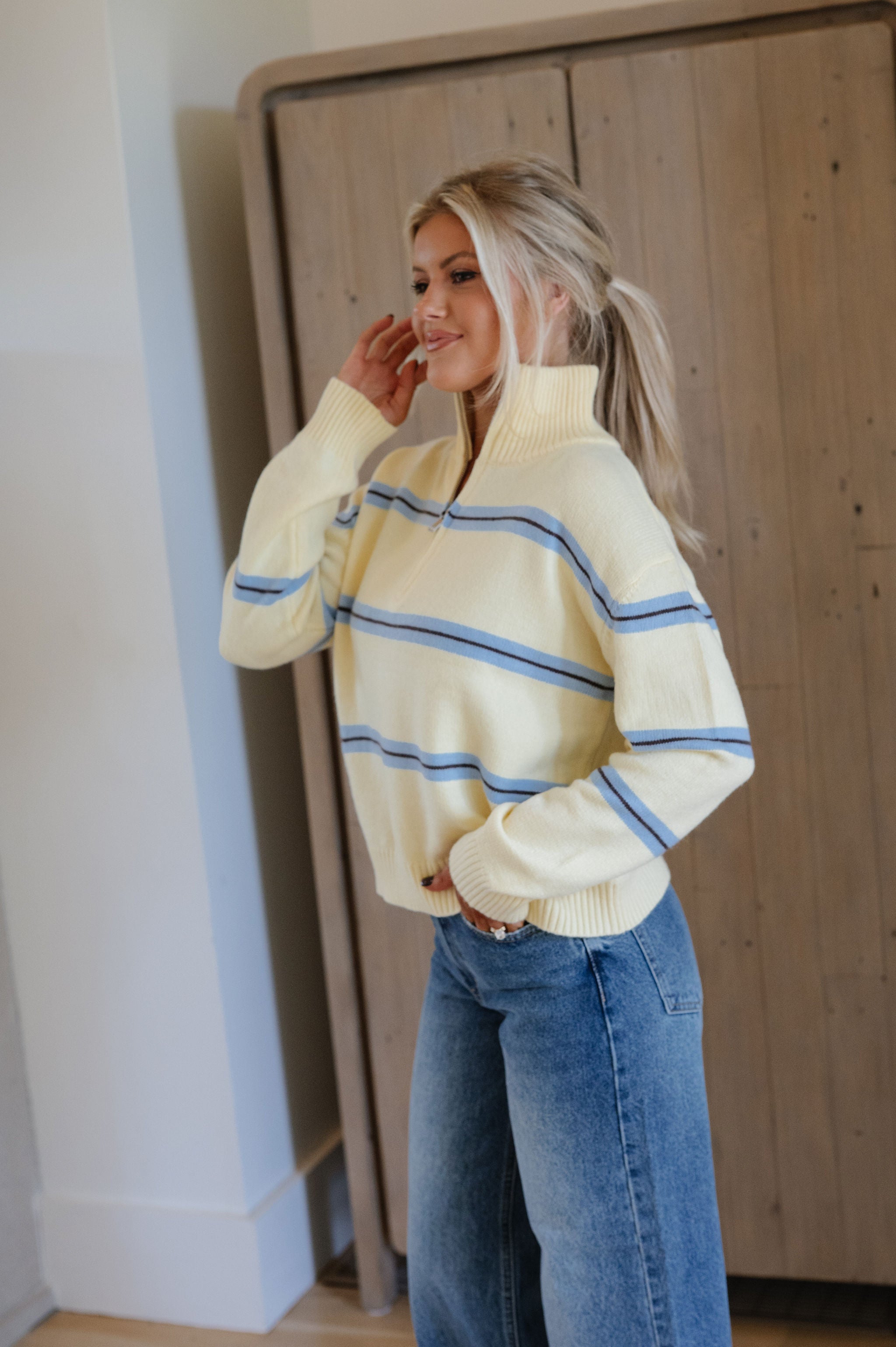 Quarter Zip Striped Sweater-Lemon/Sky