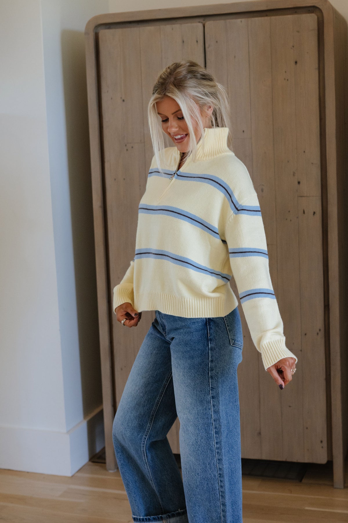 Quarter Zip Striped Sweater-Lemon/Sky