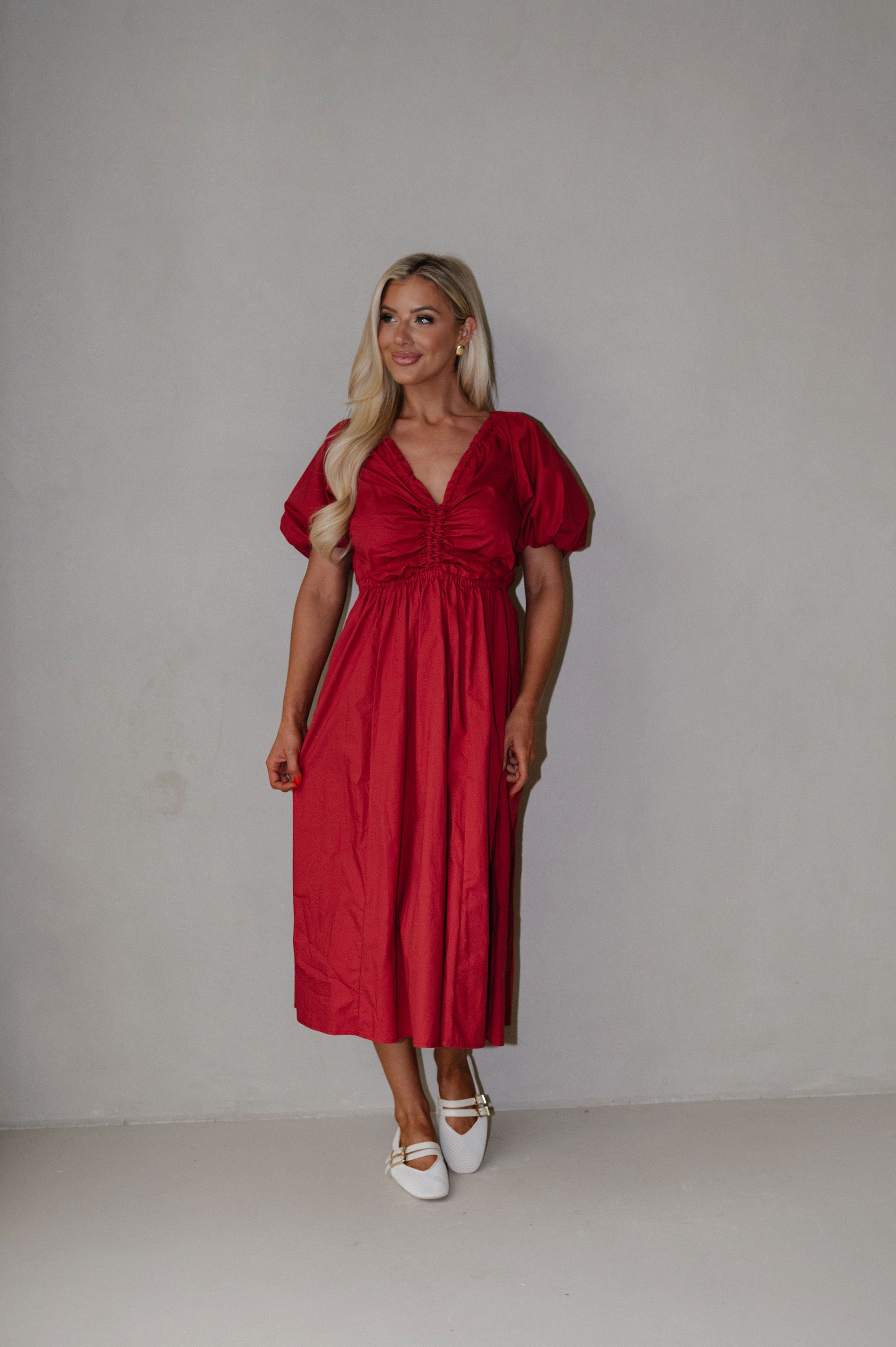 V-Neck Puff Sleeve Dress-Red