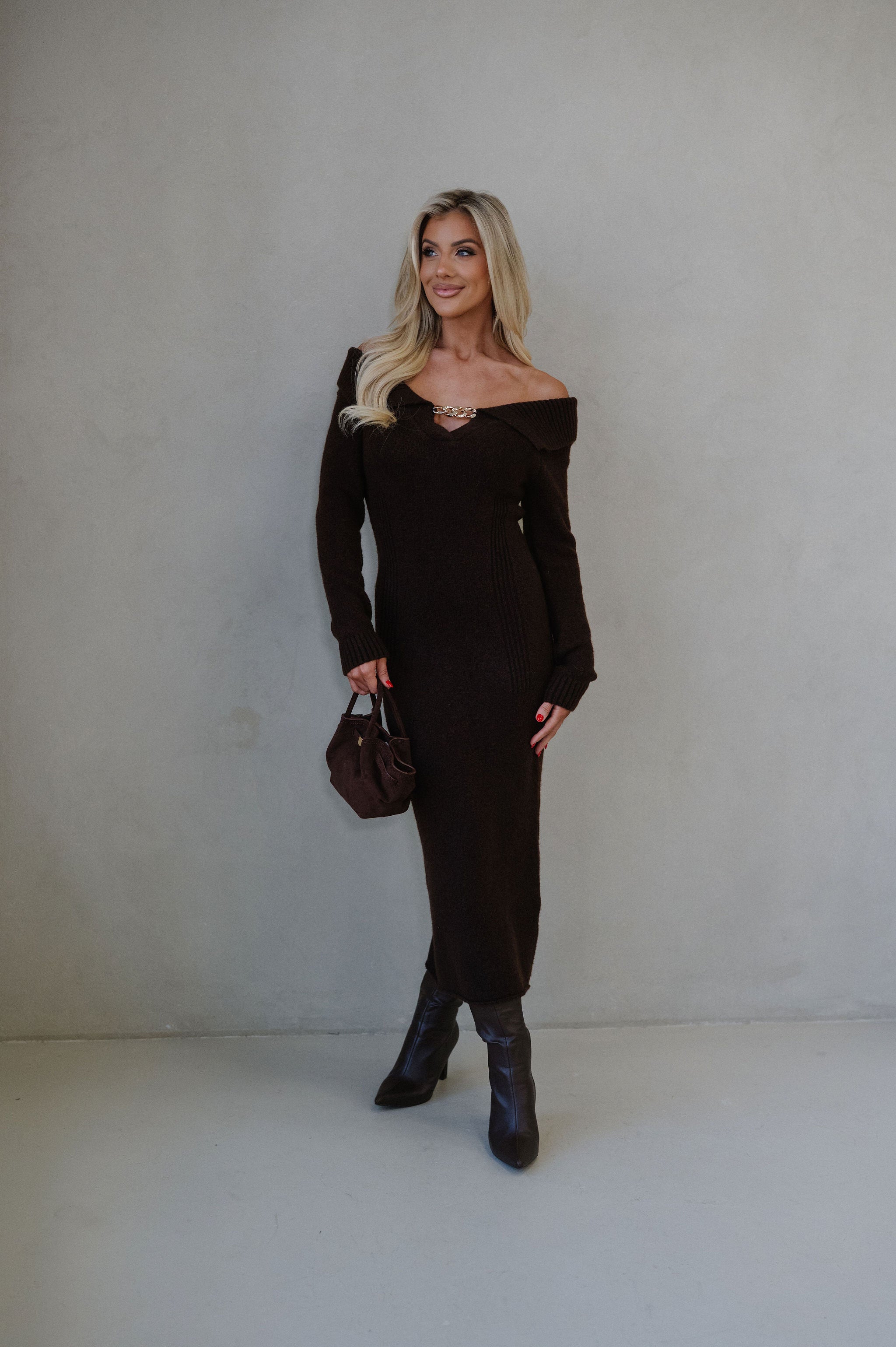 Ali OTS Knit Maxi Dress-Brown