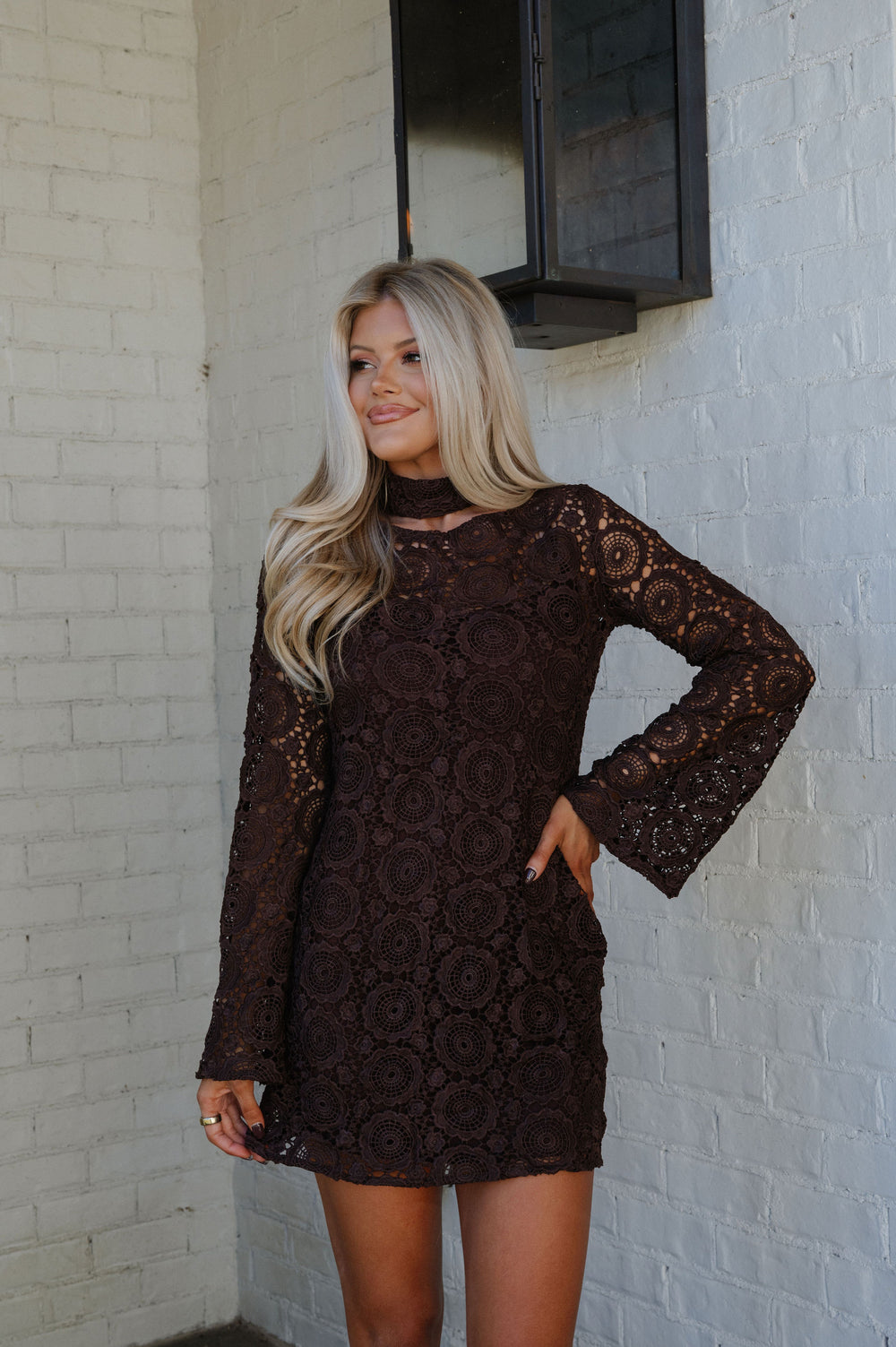 Crochet Bell Sleeve Dress-Brown/PETITE