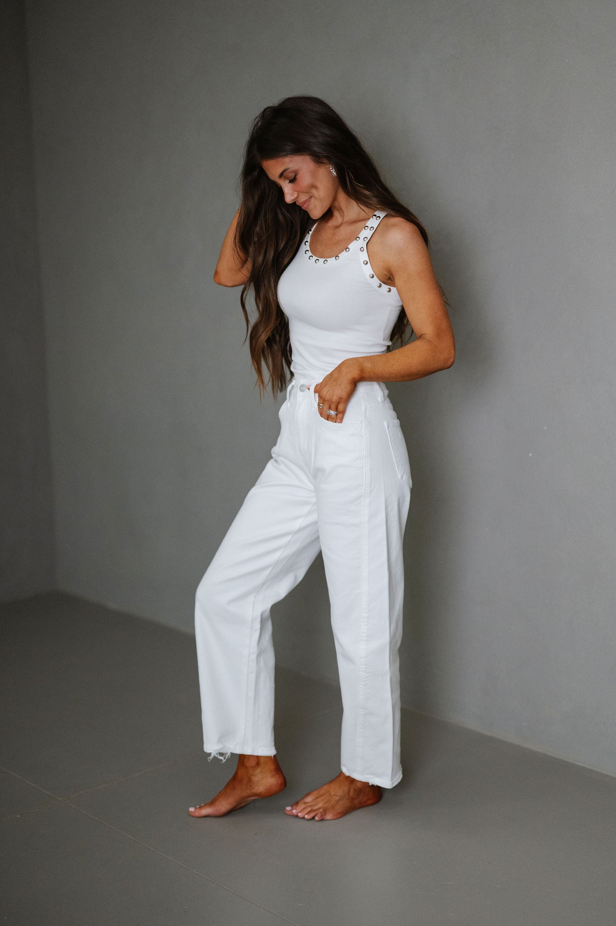 Ella Stud Detailed Tank-White
