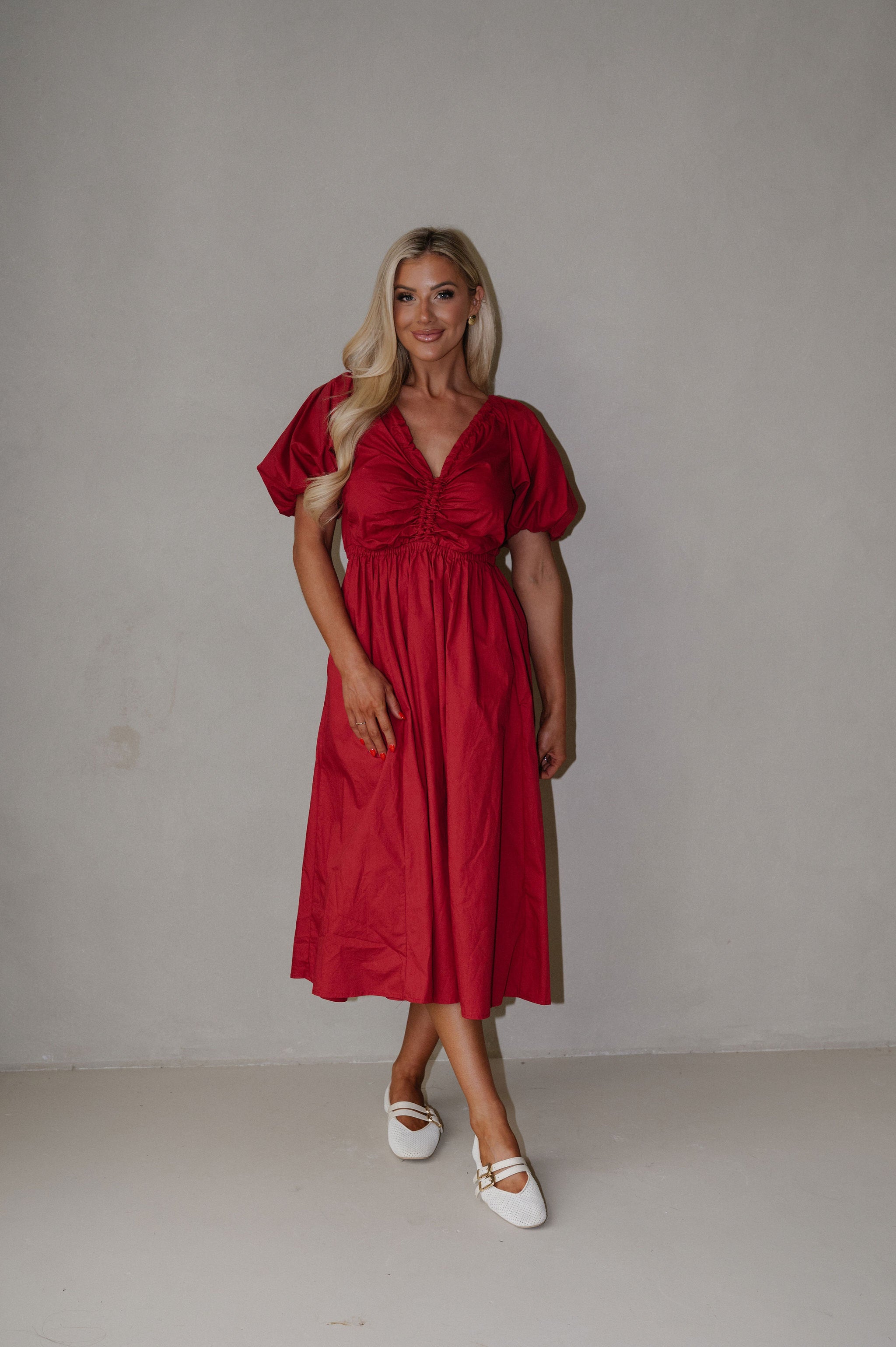 V-Neck Puff Sleeve Dress-Red