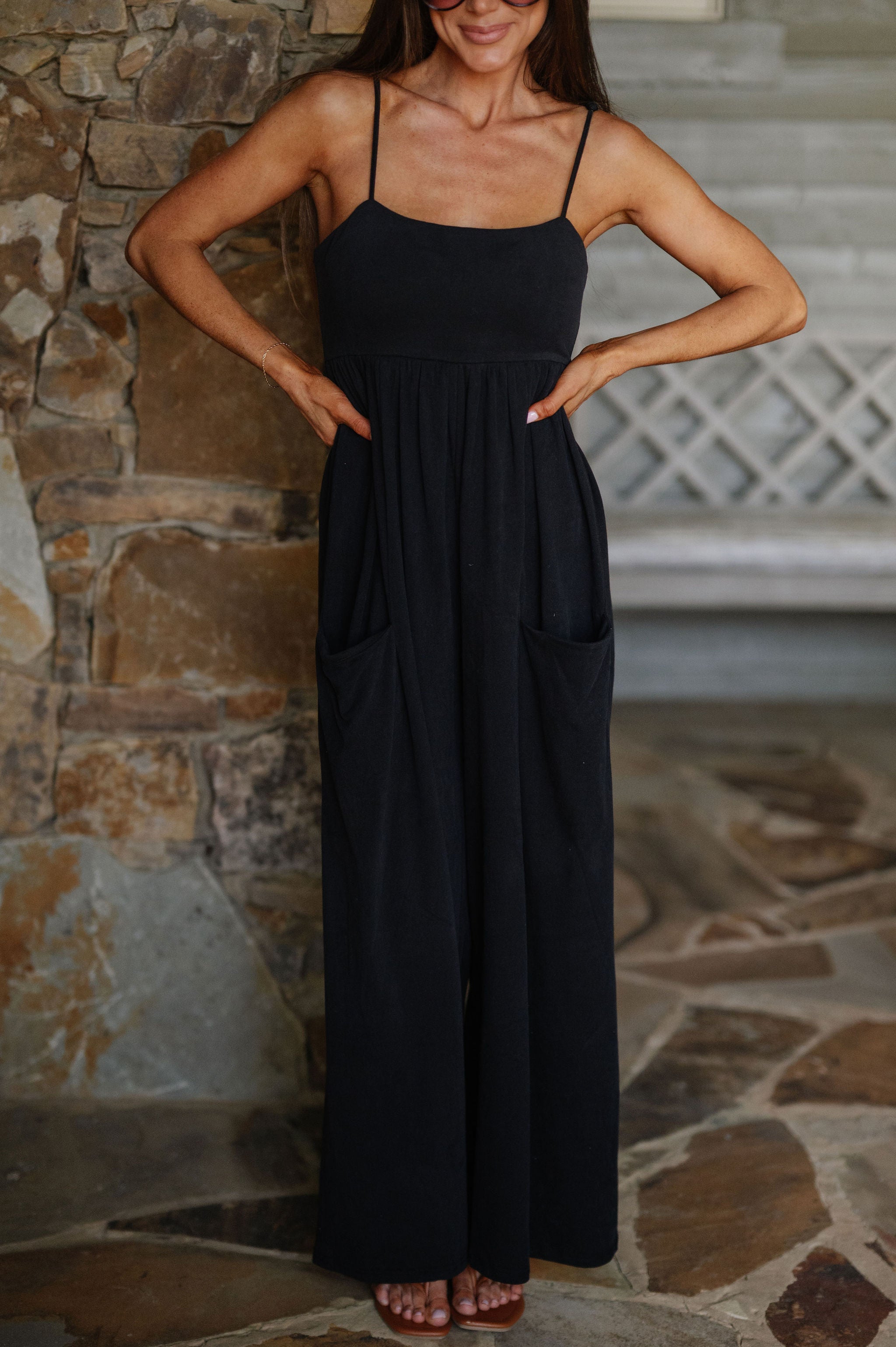Strappy Empire Wide Leg Jumpsuit-Black