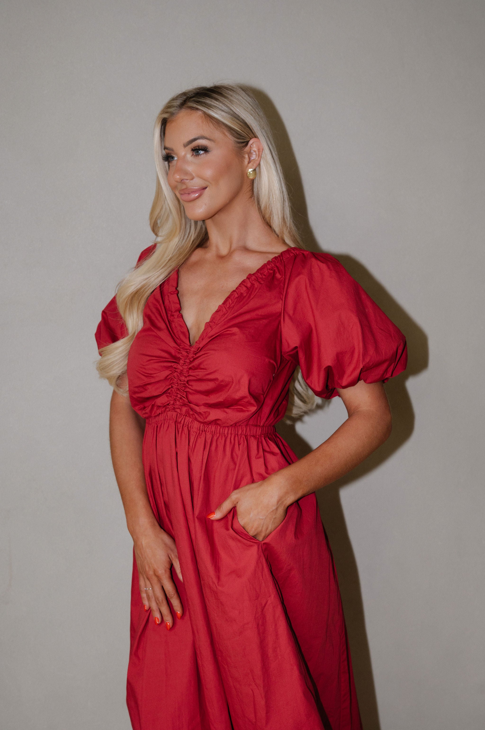 V-Neck Puff Sleeve Dress-Red