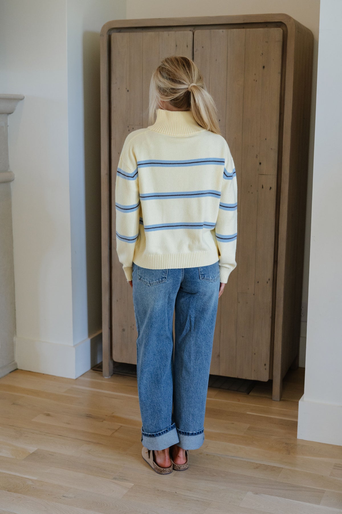 Quarter Zip Striped Sweater-Lemon/Sky