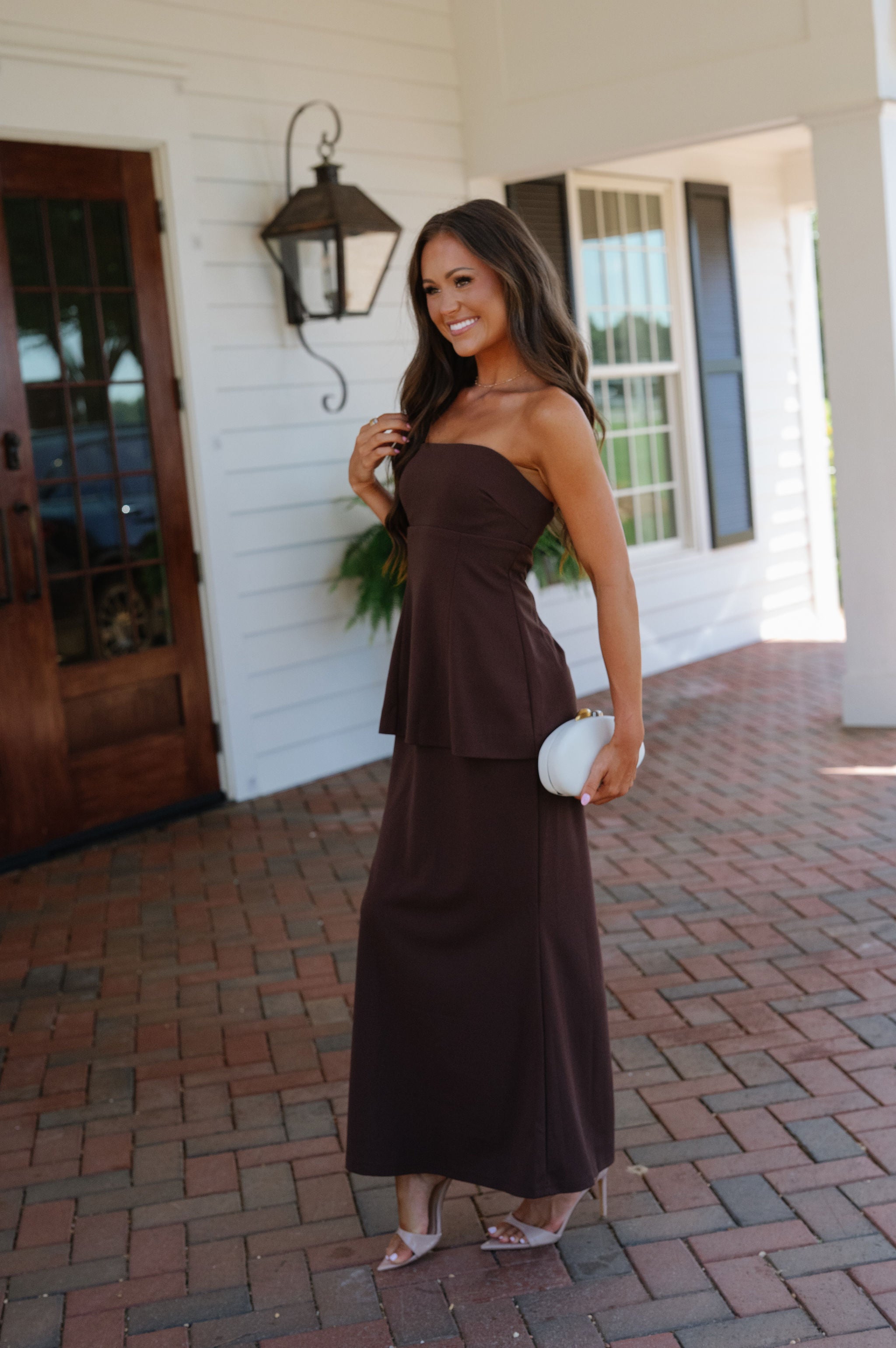 Tarsi Strapless Peplum Maxi Dress-Chocolate