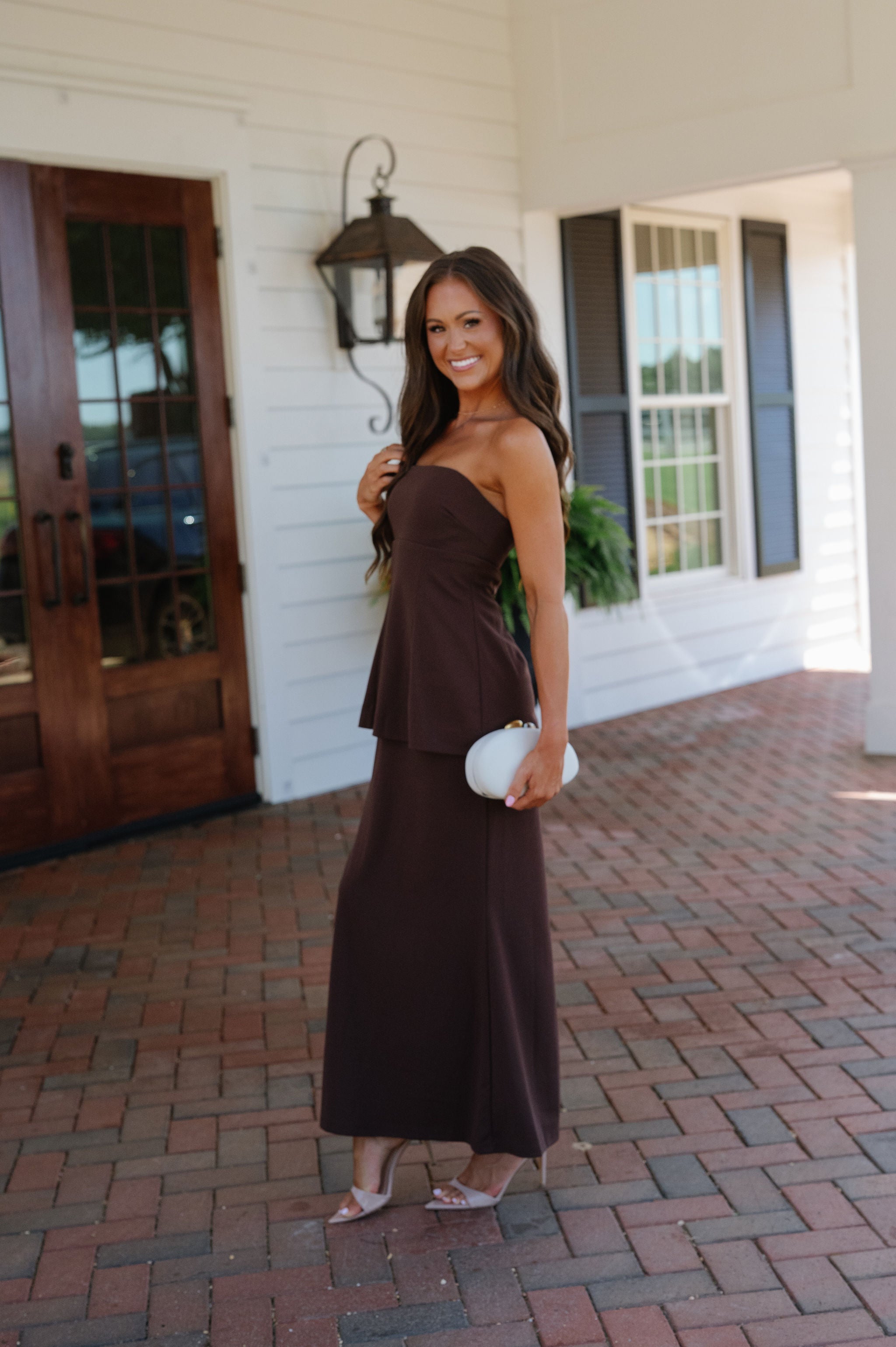 Tarsi Strapless Peplum Maxi Dress-Chocolate