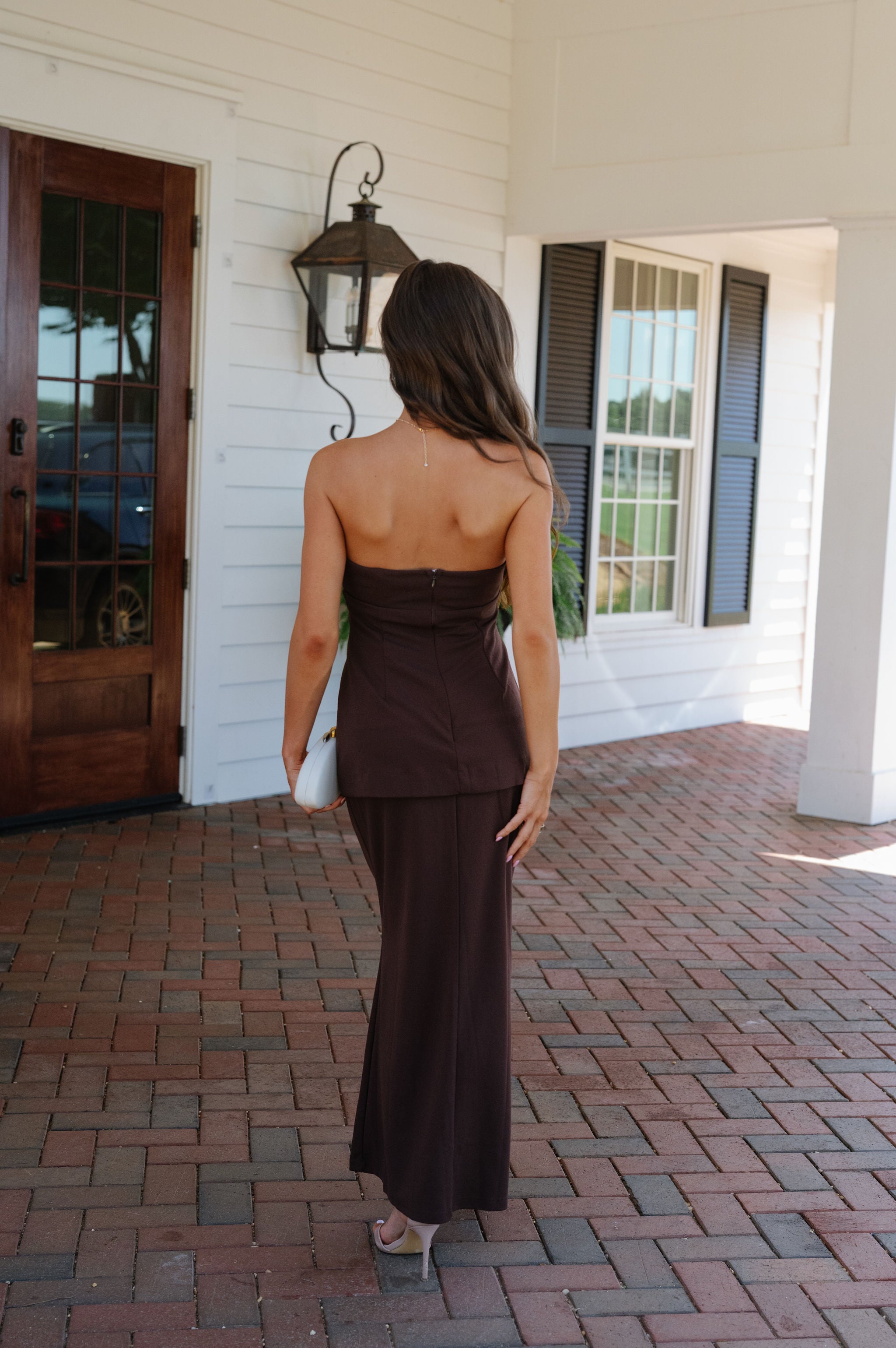 Tarsi Strapless Peplum Maxi Dress-Chocolate
