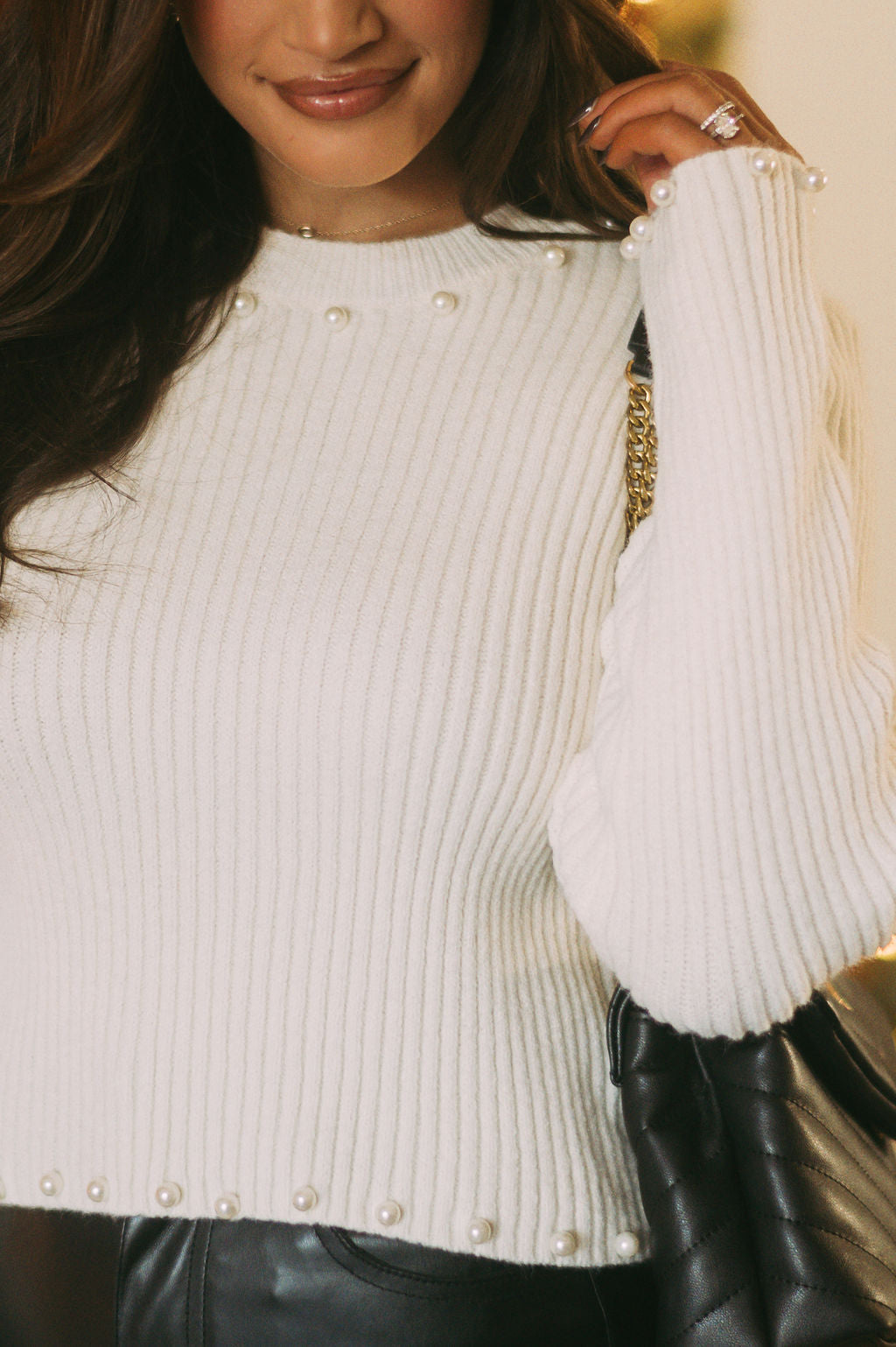 Pearl Embellished Ribbed Sweater