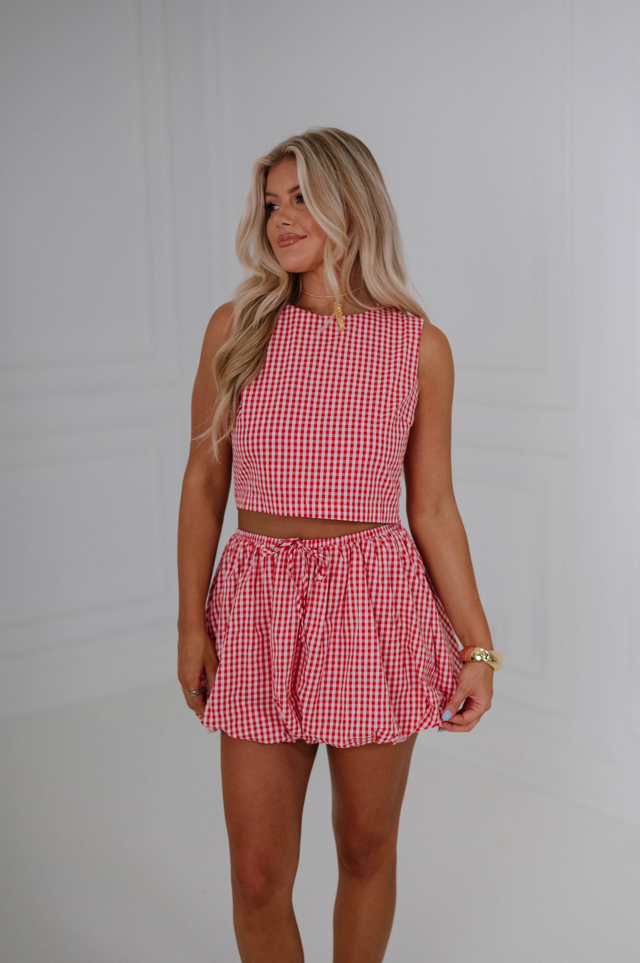 Gingham Bubble Skirt Set-Red
