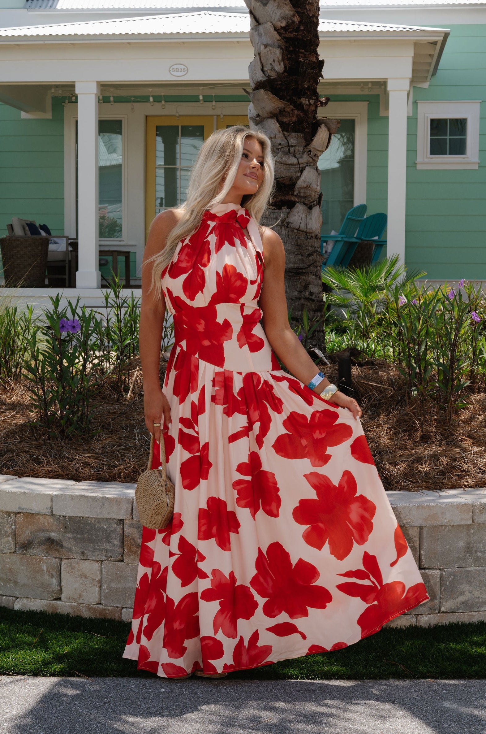 Gracelyn Floral Halter Maxi Dress-Pale Peach/Red Orange