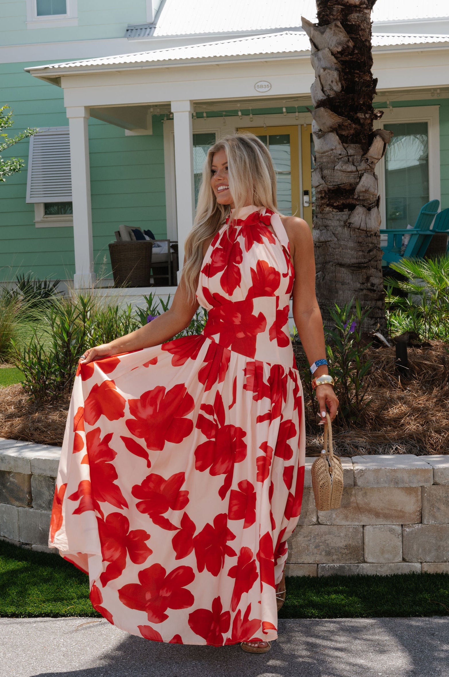 Gracelyn Floral Halter Maxi Dress-Pale Peach/Red Orange