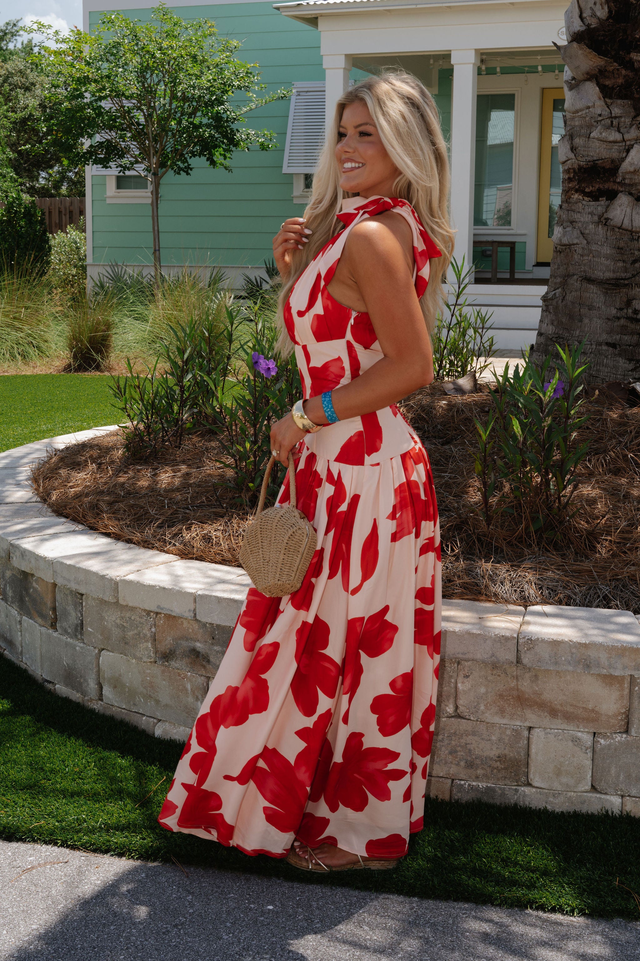 Gracelyn Floral Halter Maxi Dress-Pale Peach/Red Orange
