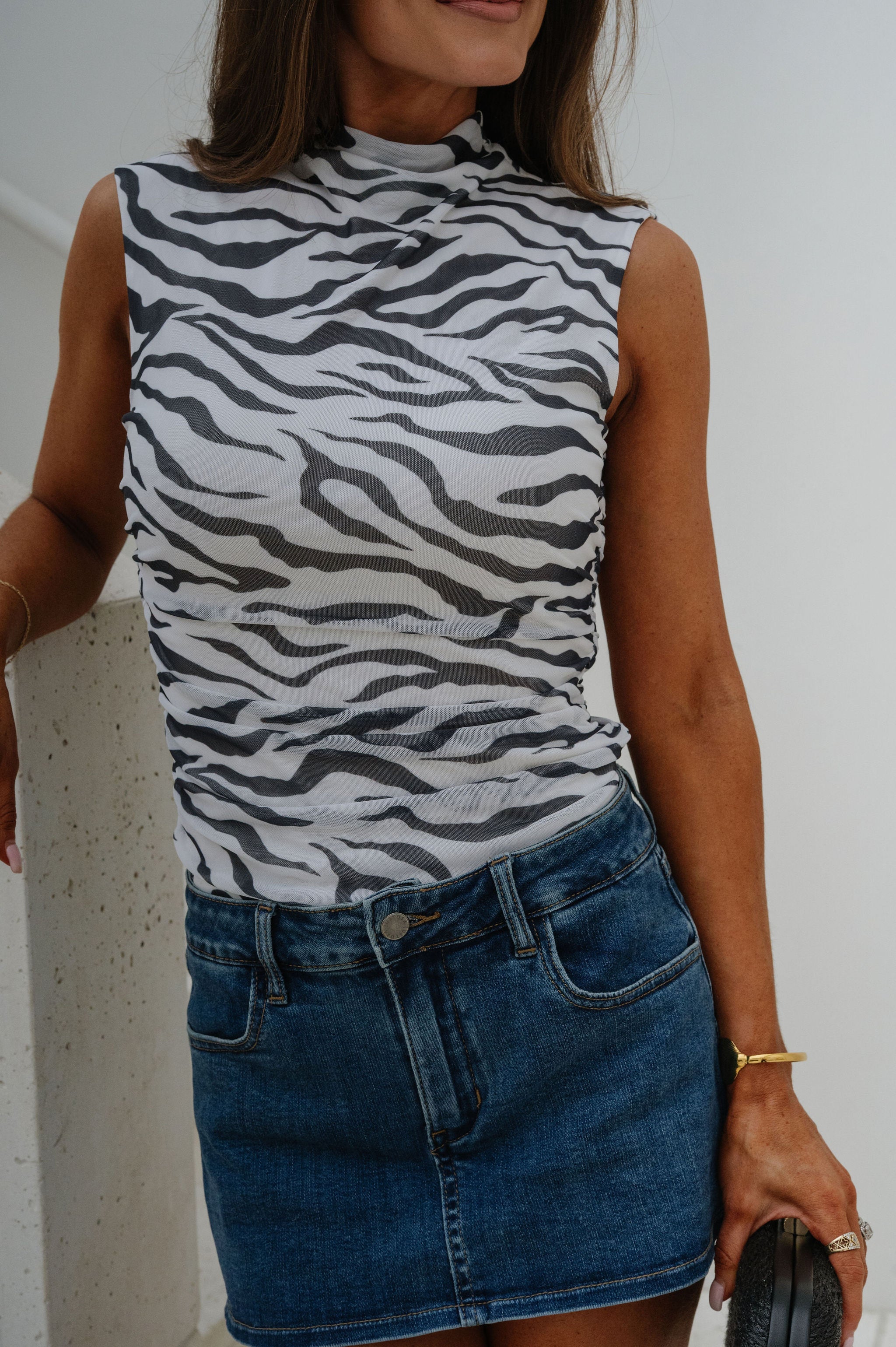 PREORDER//Ruched Mesh Top-Zebra//SHIPPING BY 5/11