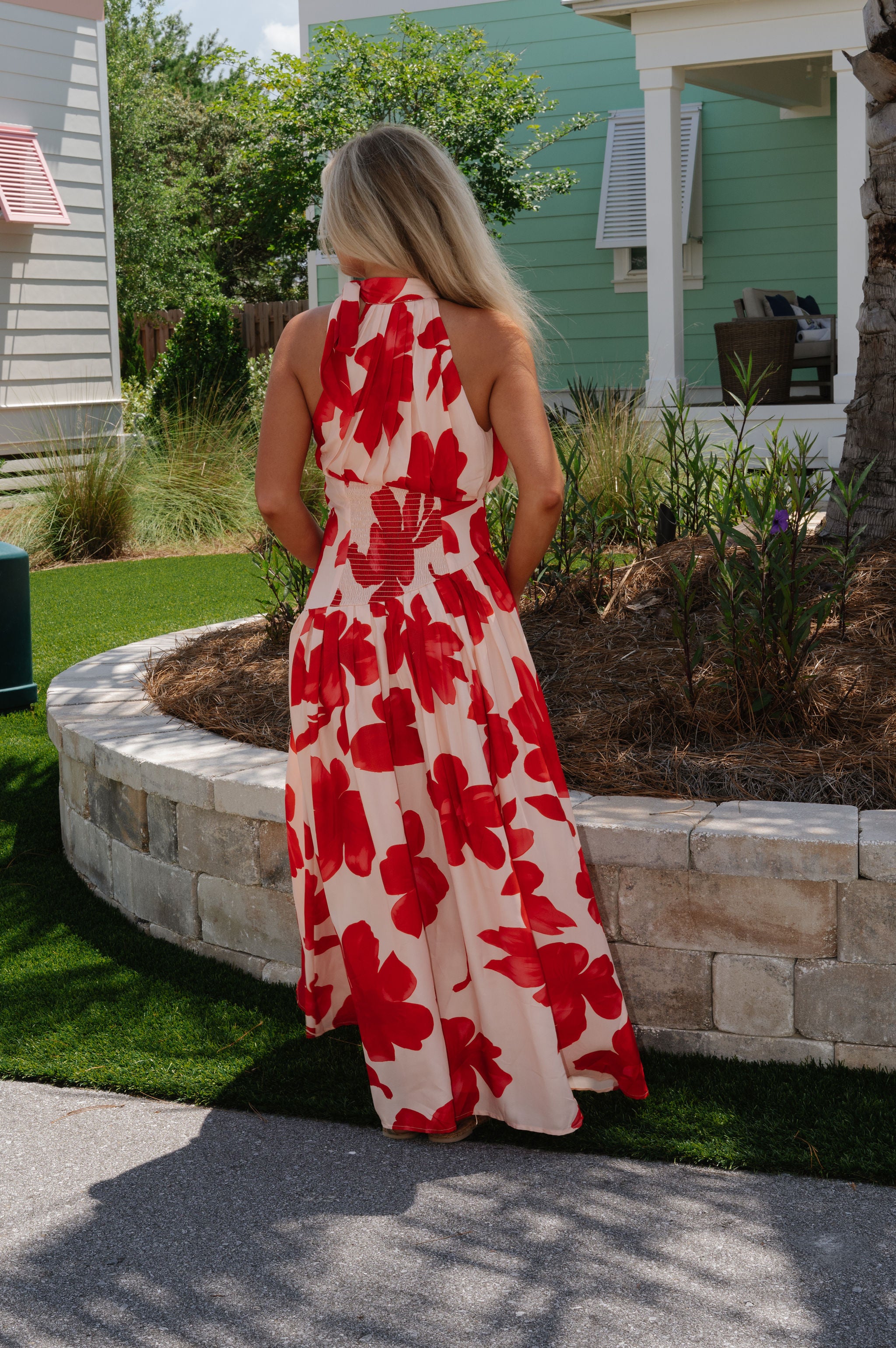 Gracelyn Floral Halter Maxi Dress-Pale Peach/Red Orange