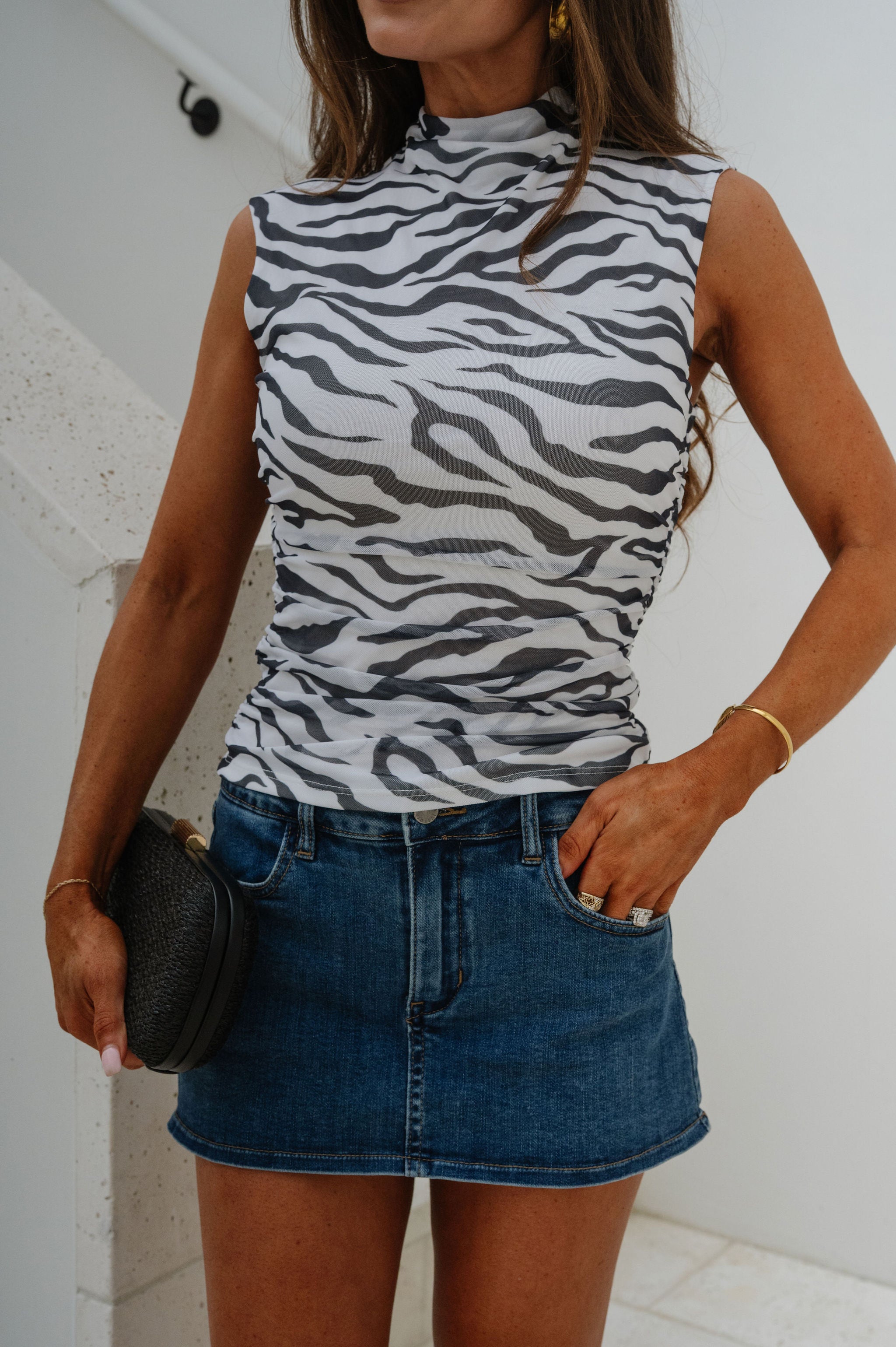 PREORDER//Ruched Mesh Top-Zebra//SHIPPING BY 5/11
