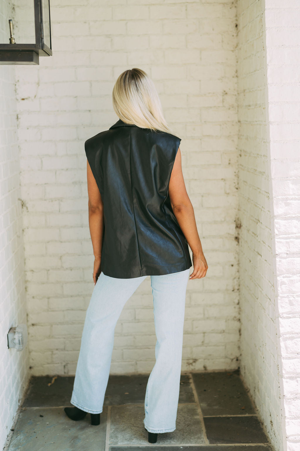 Shoulder Padded Leather Vest- Black