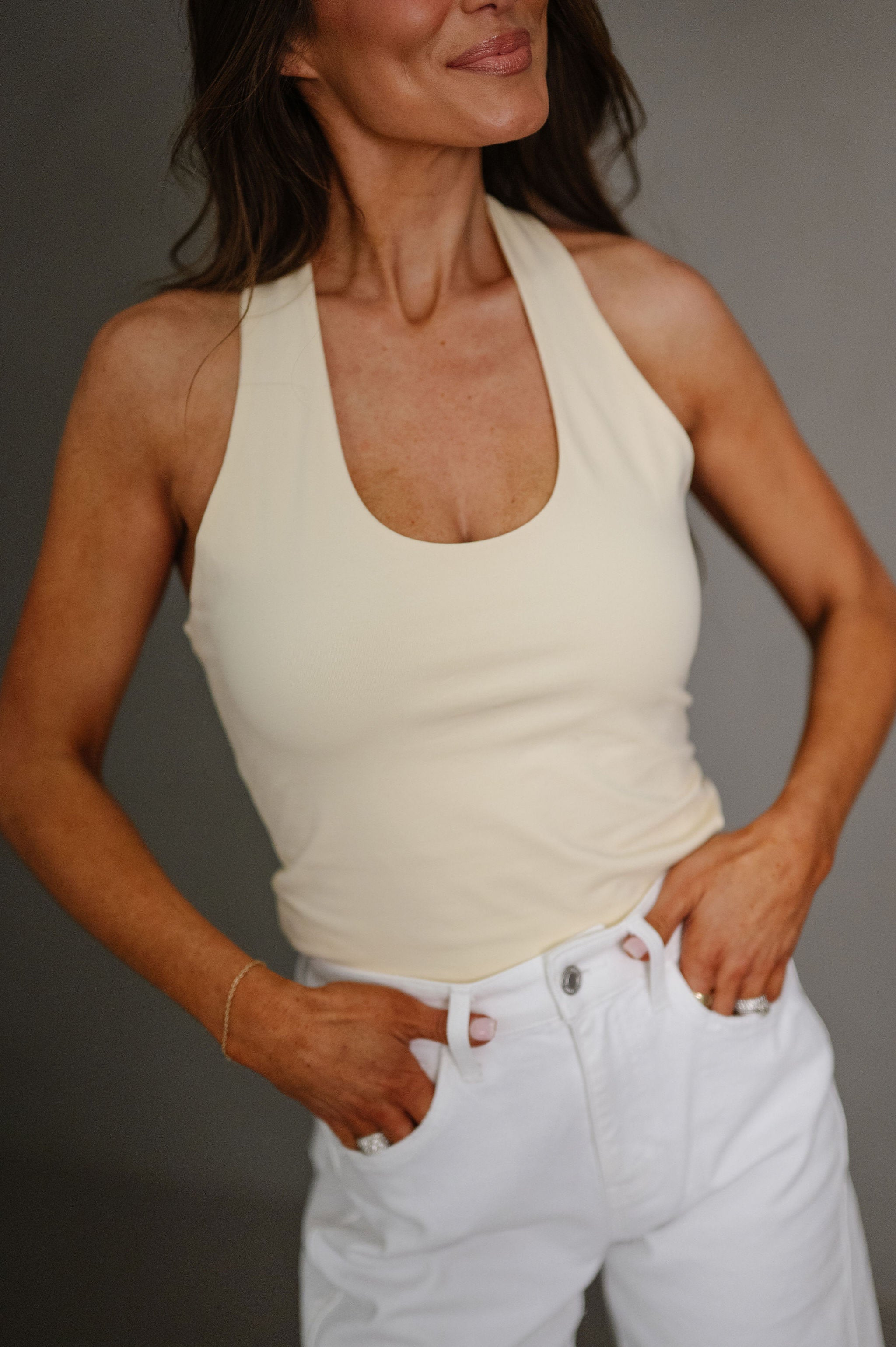 Double Lined Halter Neck Top-Light Yellow