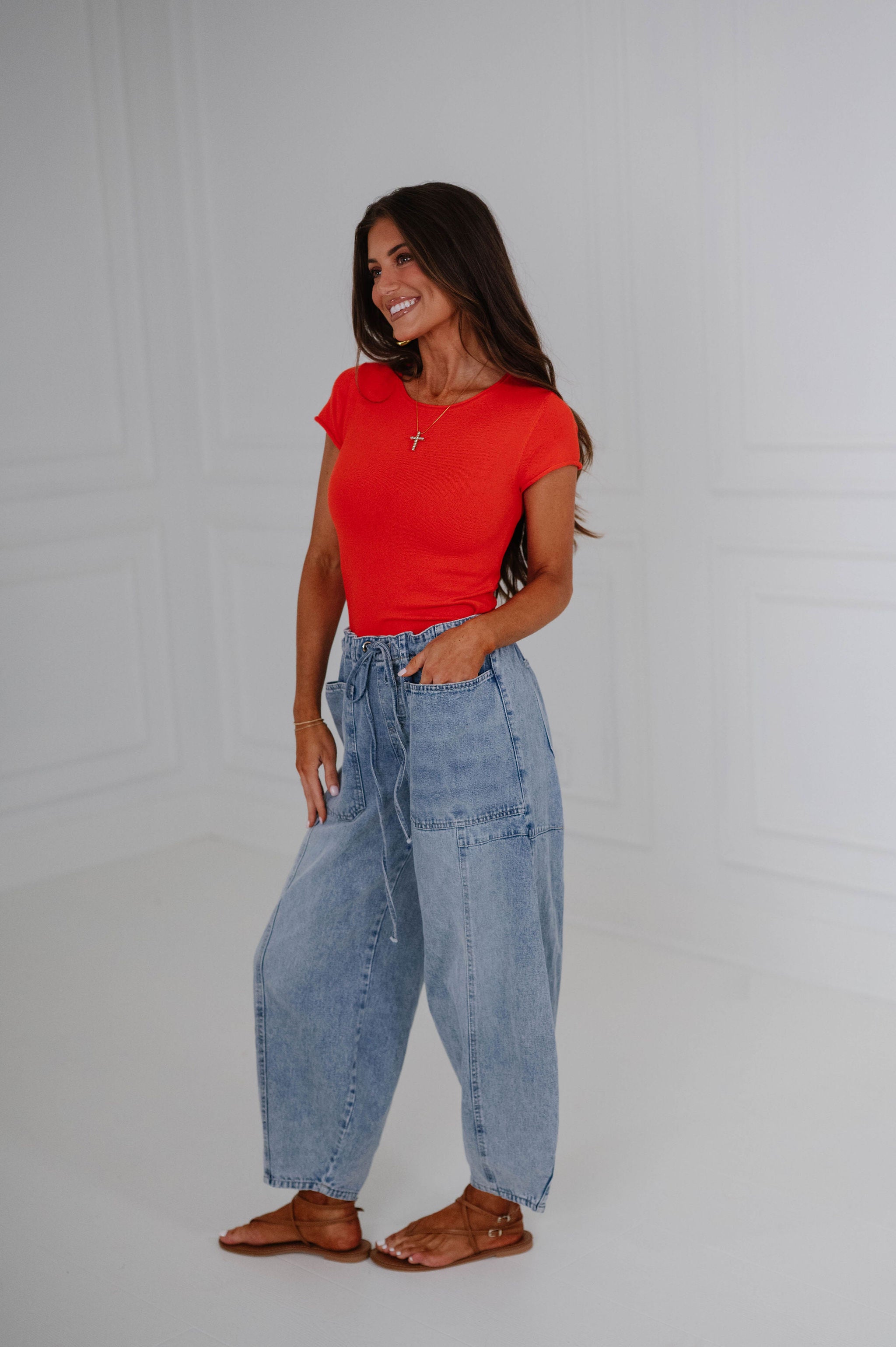 Mia Fitted Ribbed Knit Top-Red Orange