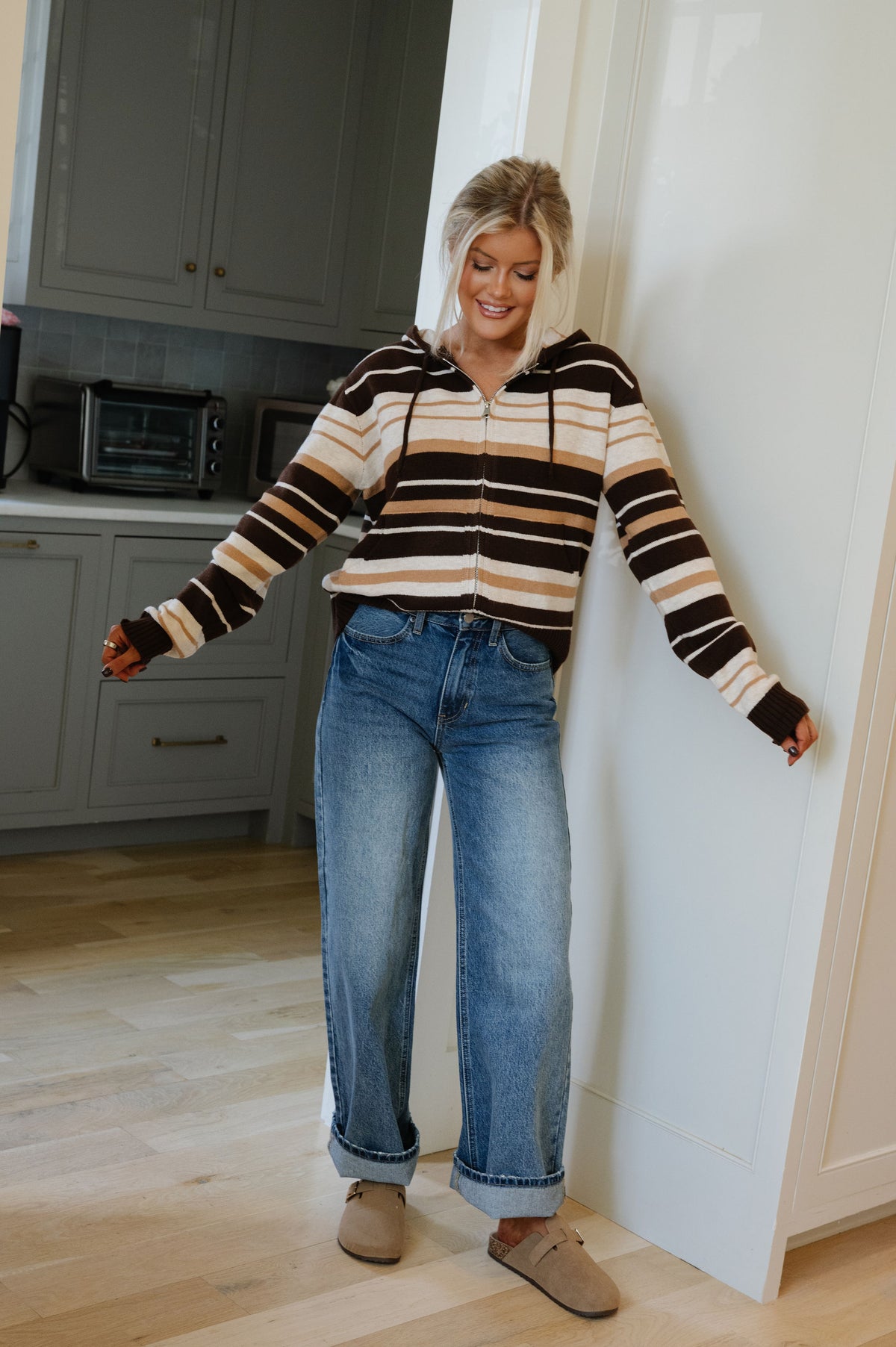 Arie Striped Cardigan-Espresso/Beige