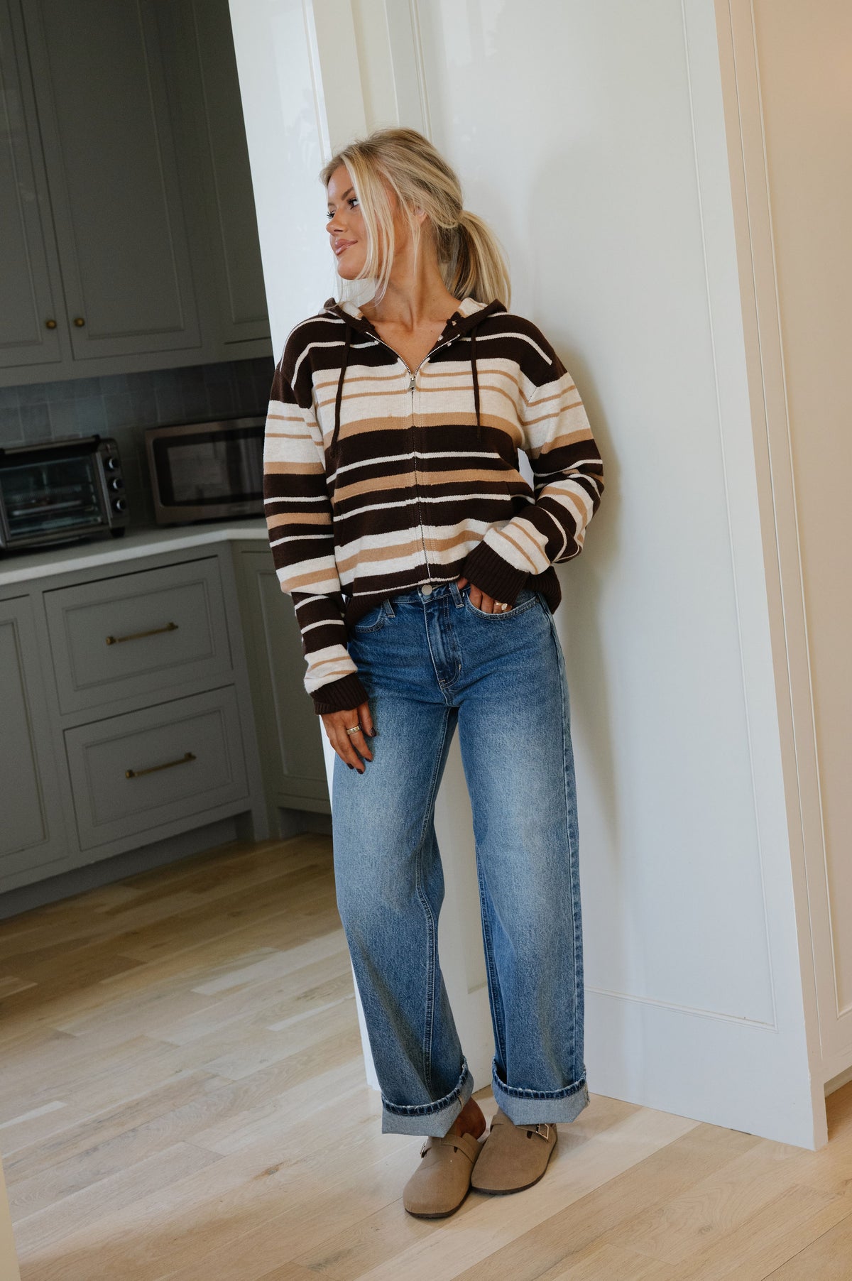 Arie Striped Cardigan-Espresso/Beige