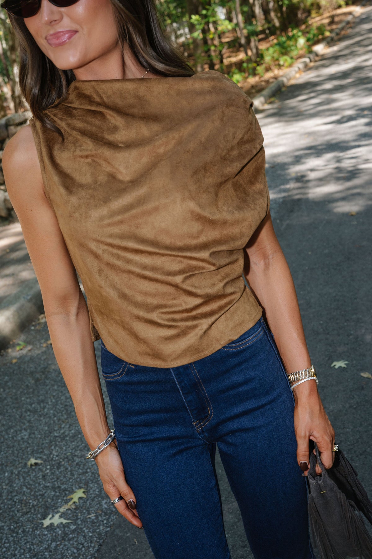 Brown Faux Suede Cowl Neck Top