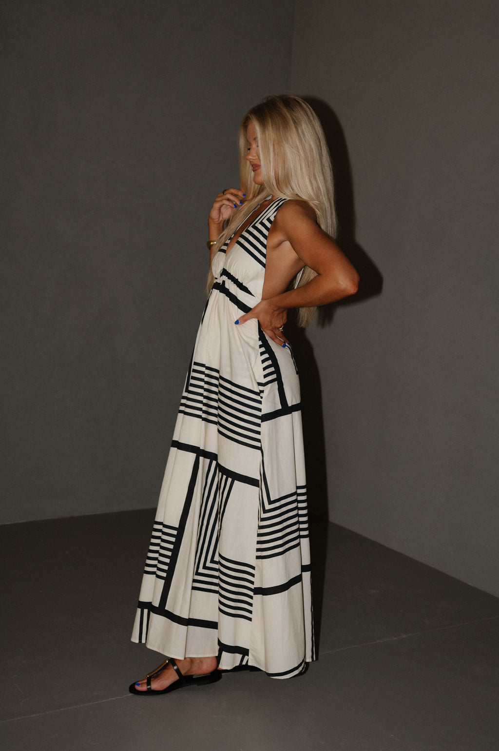 Geo Halter Print Dress-Black