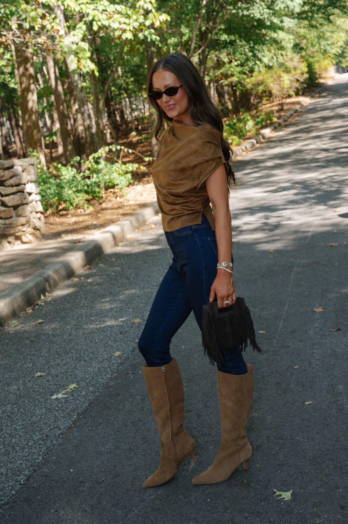 Brown Faux Suede Cowl Neck Top