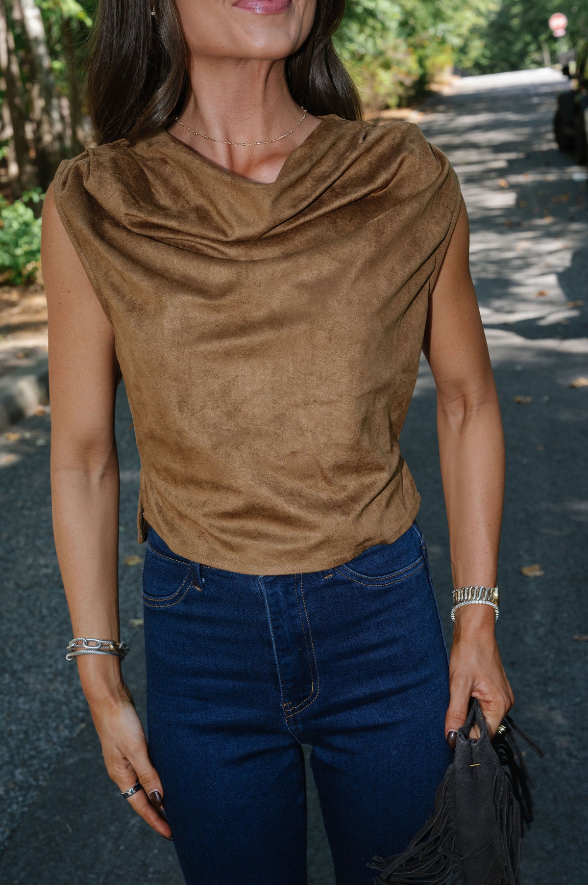 Brown Faux Suede Cowl Neck Top