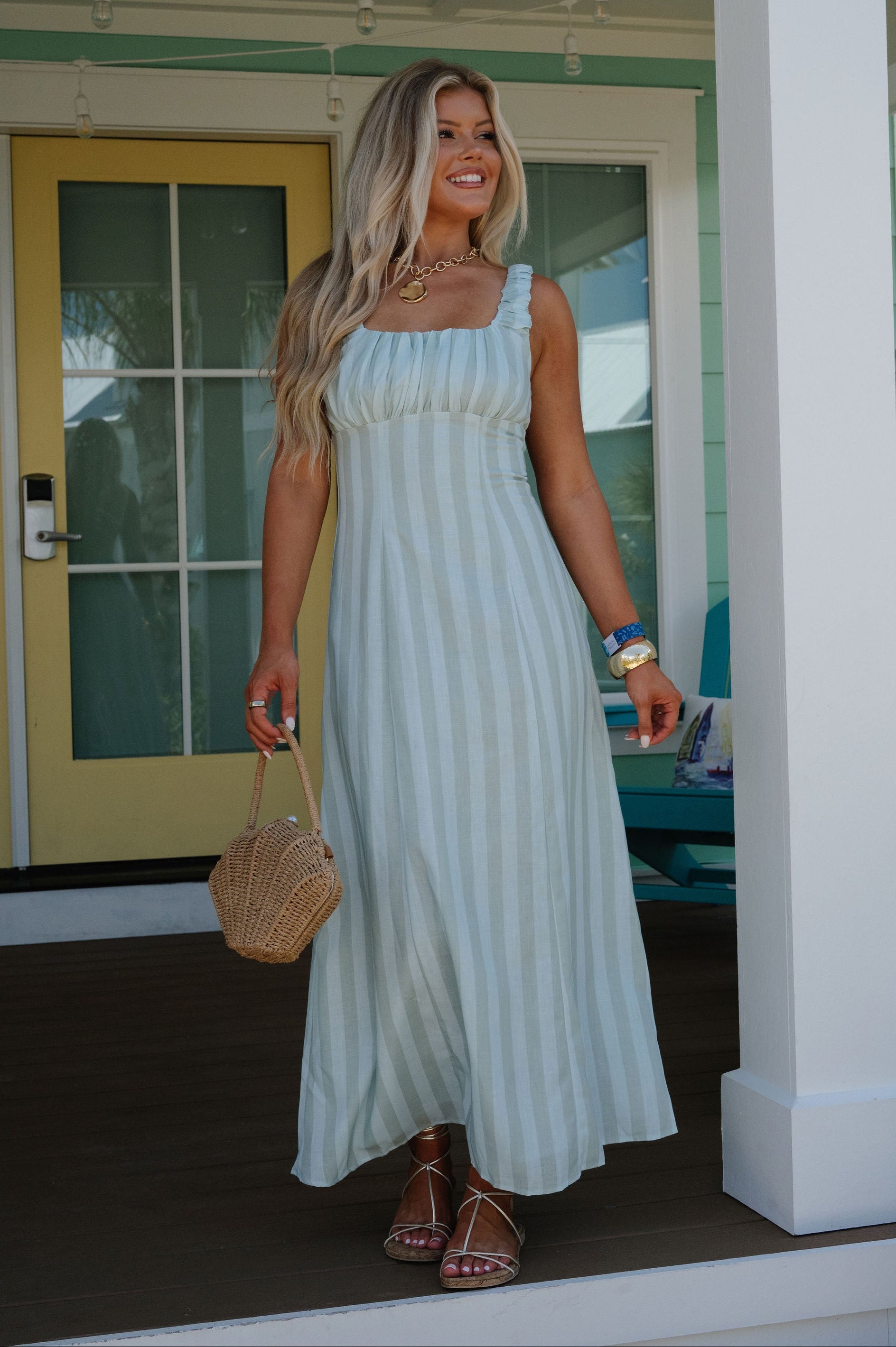 Bentley Striped Midi Dress-Olive/Aqua